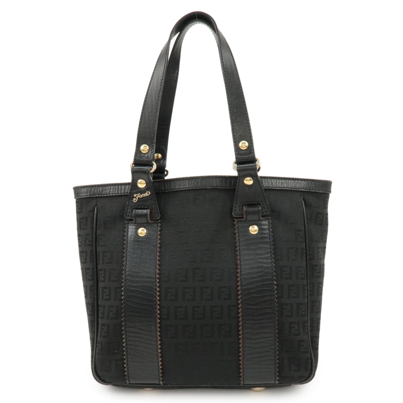 FENDI Zucchino Leather Canvas Tote Bag Hand Bag Black 8BH161 Used