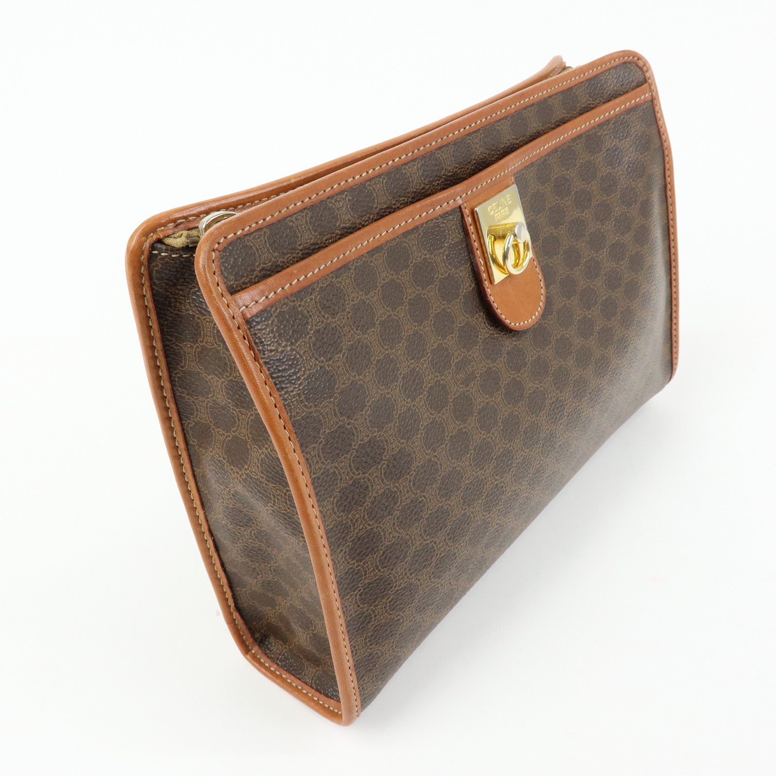 CELINE Macadam PVC Coated Canvas Leather Clutch Bag Pouch Brown