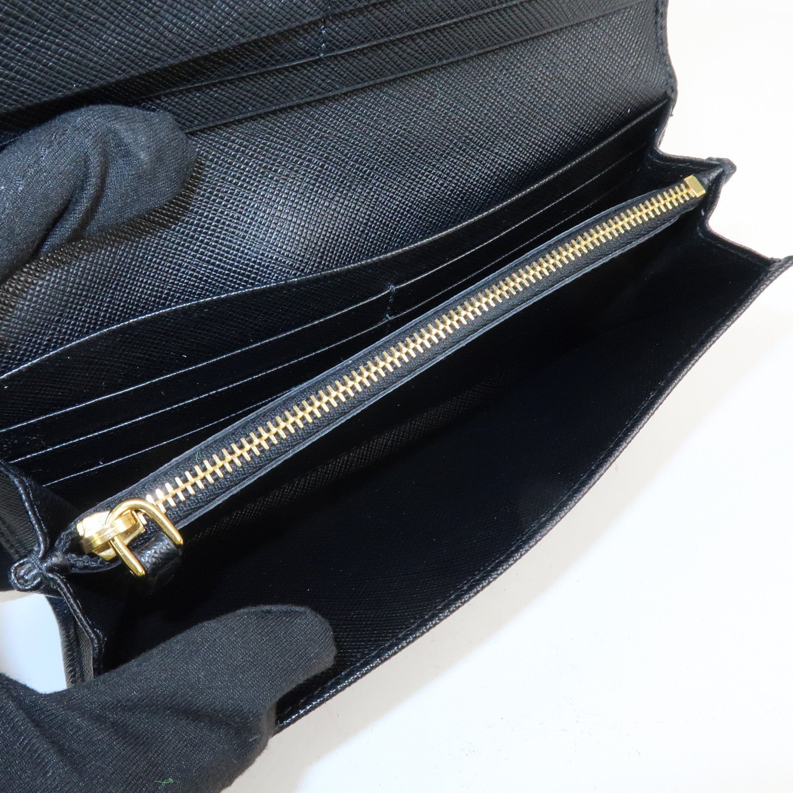 PRADA Saffiano Leather Flap Bi-Fold Long Wallet Black Gold 1MH132 Used