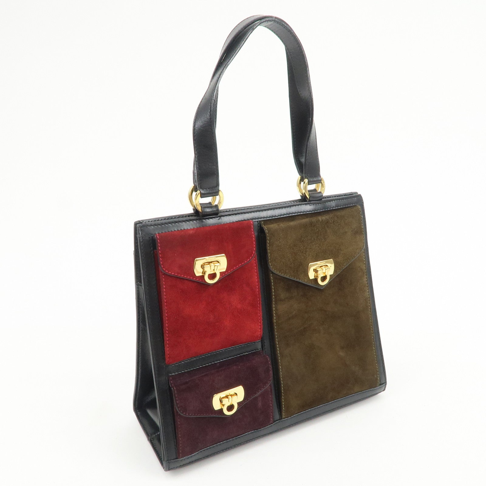 Ferragamo Gancini Suede Leather Hand Bag Tote Bag Black Khaki Red