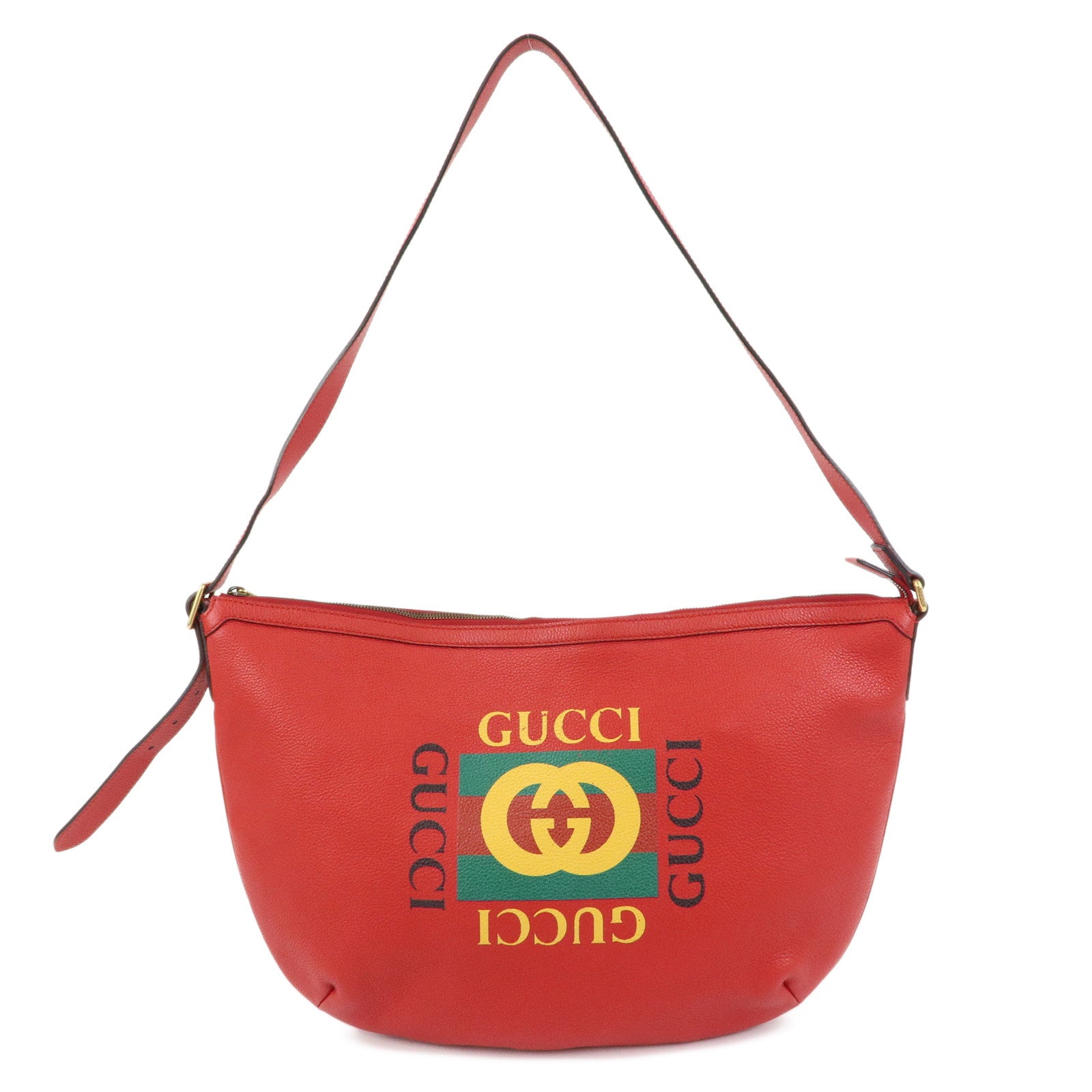 GUCCI Logo Sherry Half Moon Leather Shoulder Bag Red 523588