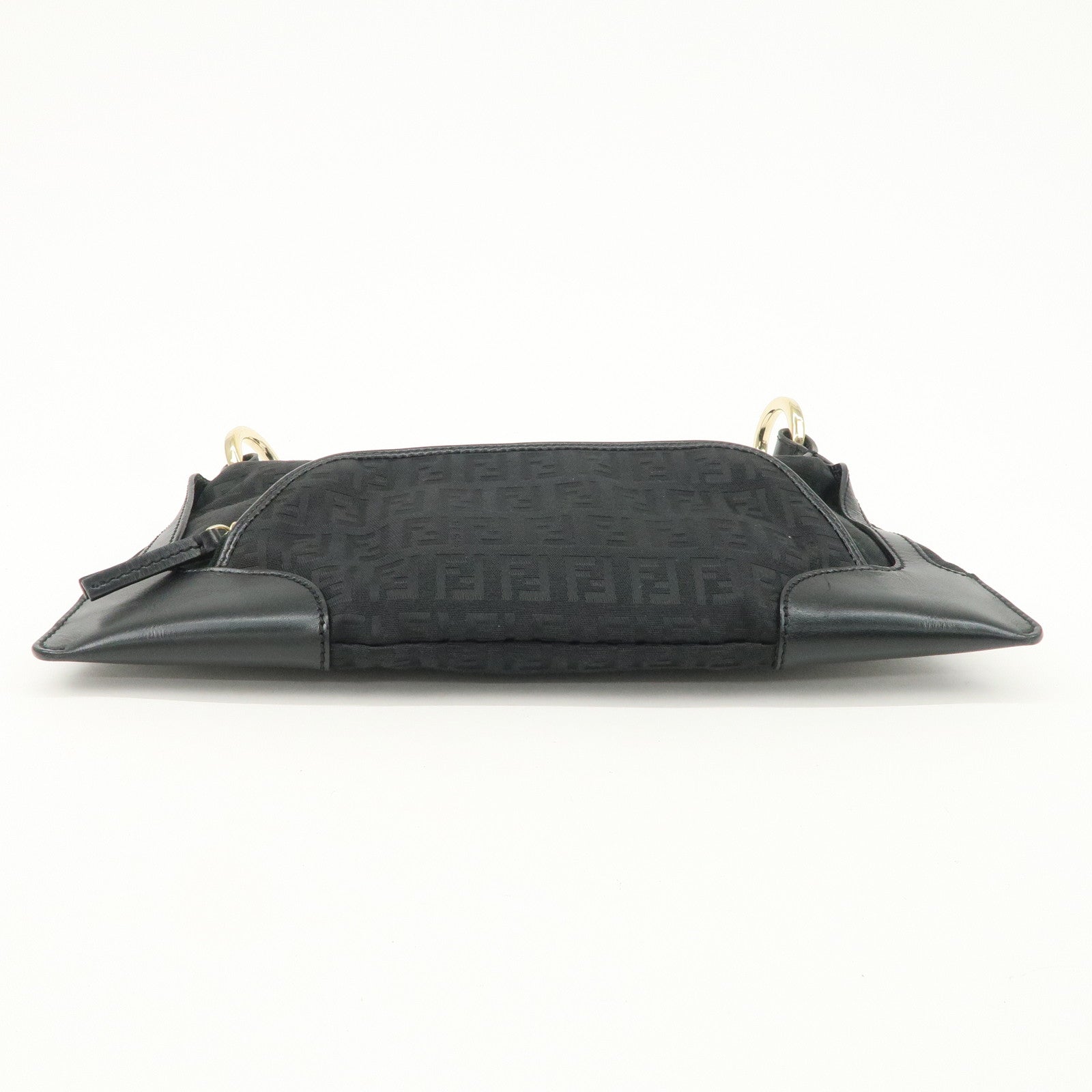 FENDI Zucchino Canvas Leather Logo Charm Shoulder Bag Black 8BR464