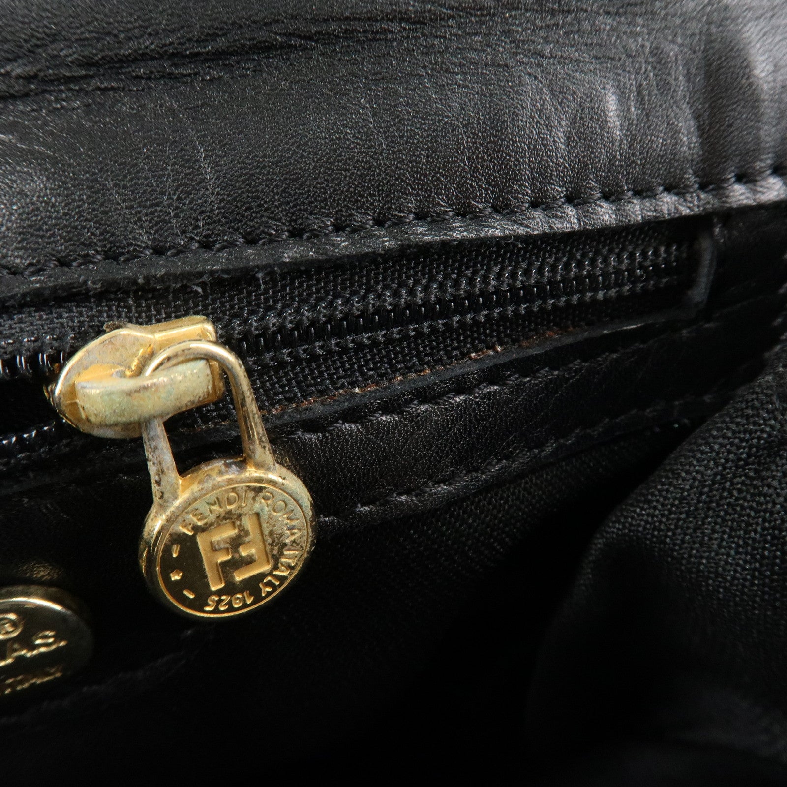 FENDI Leather Hand Bag Tassel Charm Gold Hardware Black Used