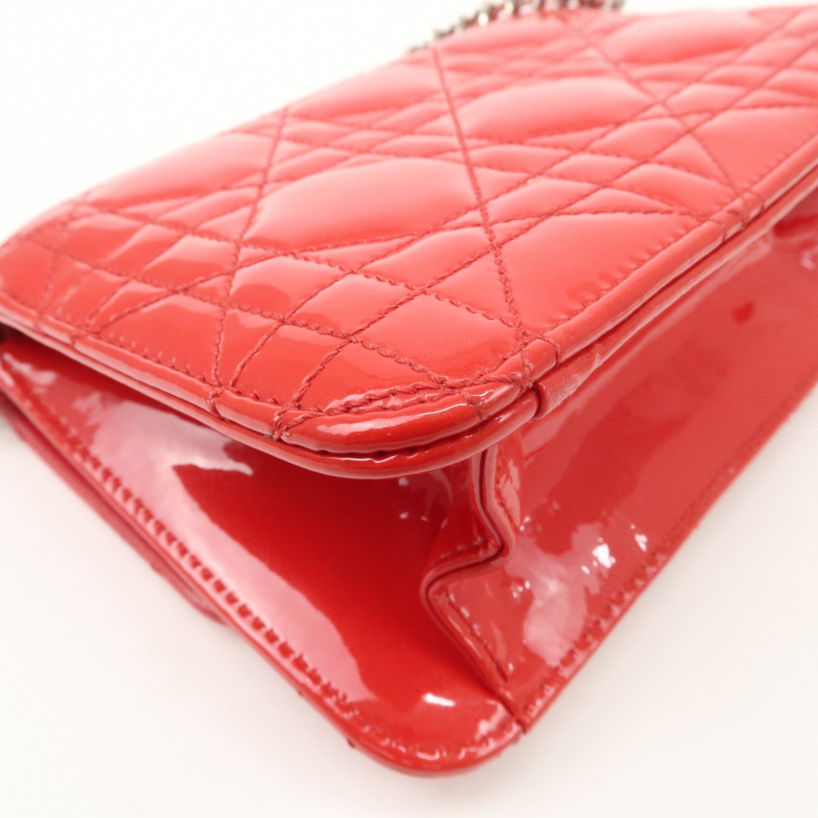 Christian Dior Cannage Patent Leather Chain Shoulder Bag COW Red Used