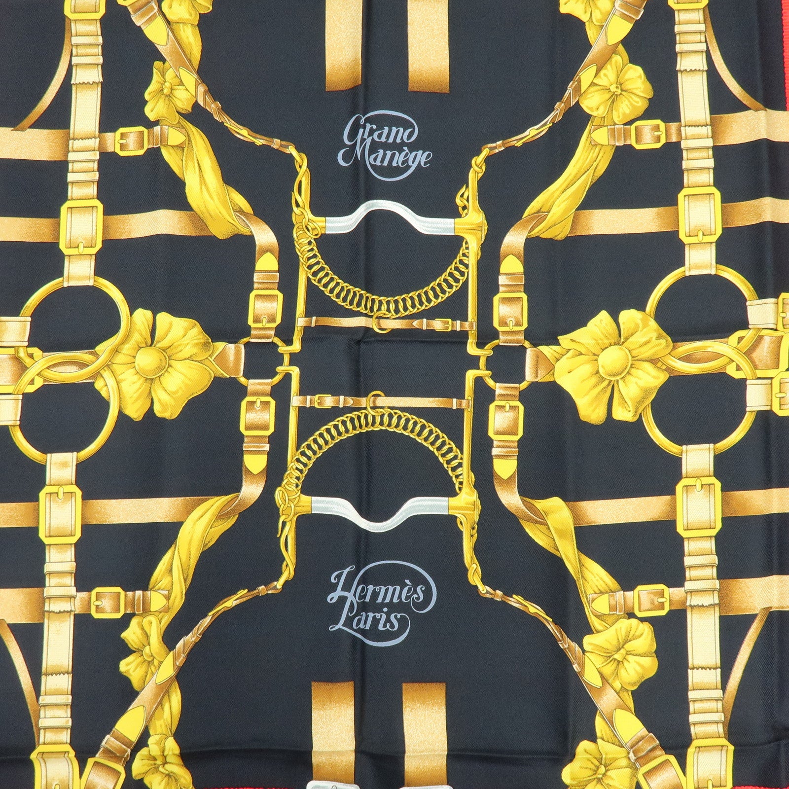 HERMES Carre 90 Silk 100% Scarf Grand Manege Black Gold Red