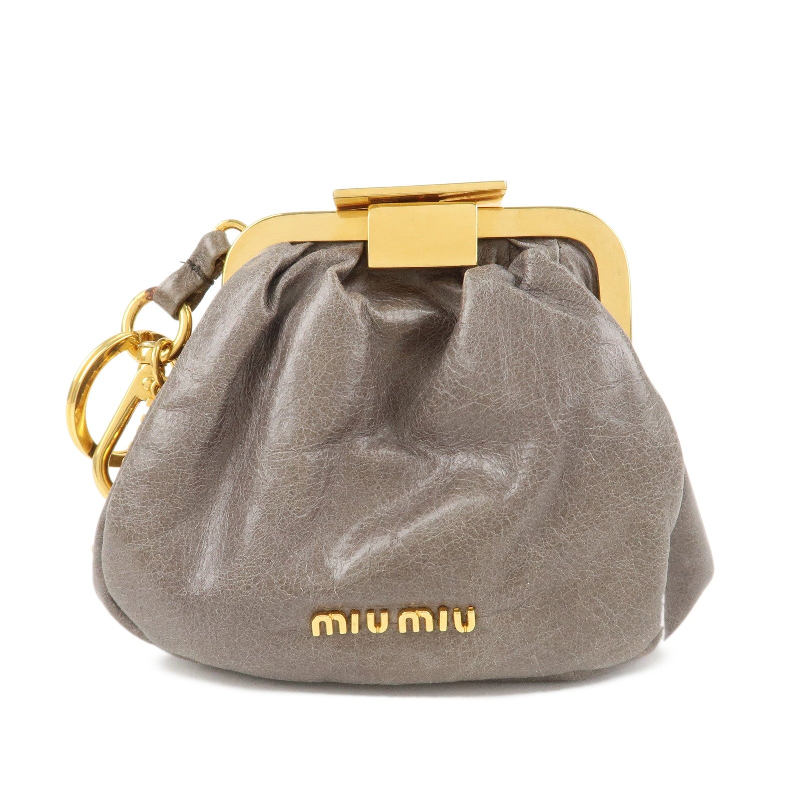 MIU MIU Logo Leather Kiss Lock Coin Case Gray Gold HDW Used