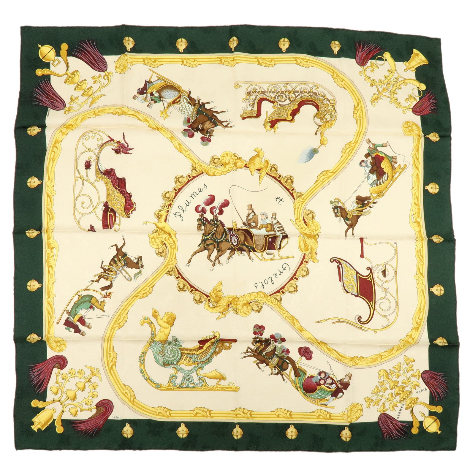 HERMES Carre 90 100% Silk Scarf Plumes et Grelots Moss Green Beige