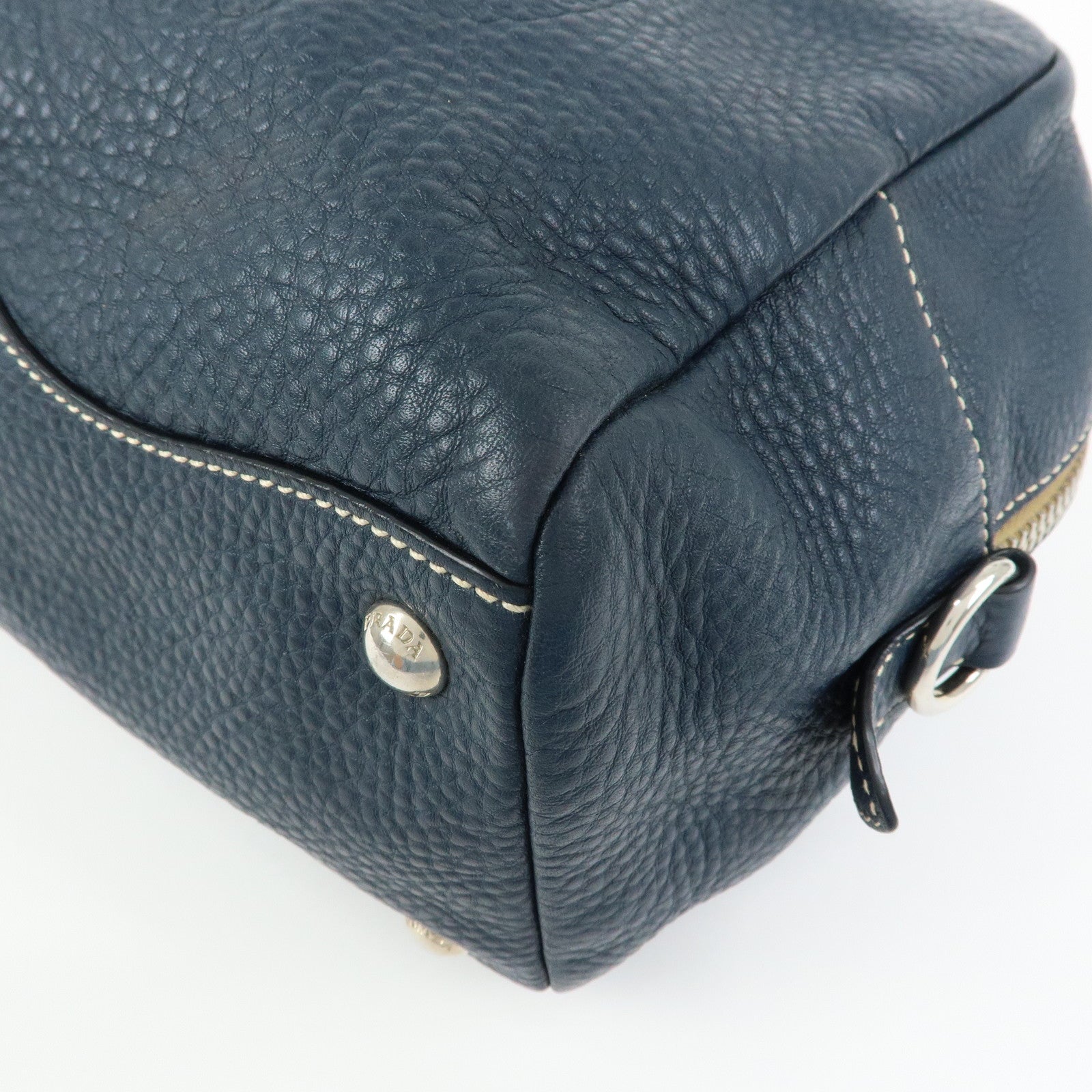 PRADA Calf Leather Boston Bag Shoulder Bag Hand Bag Navy BR3091