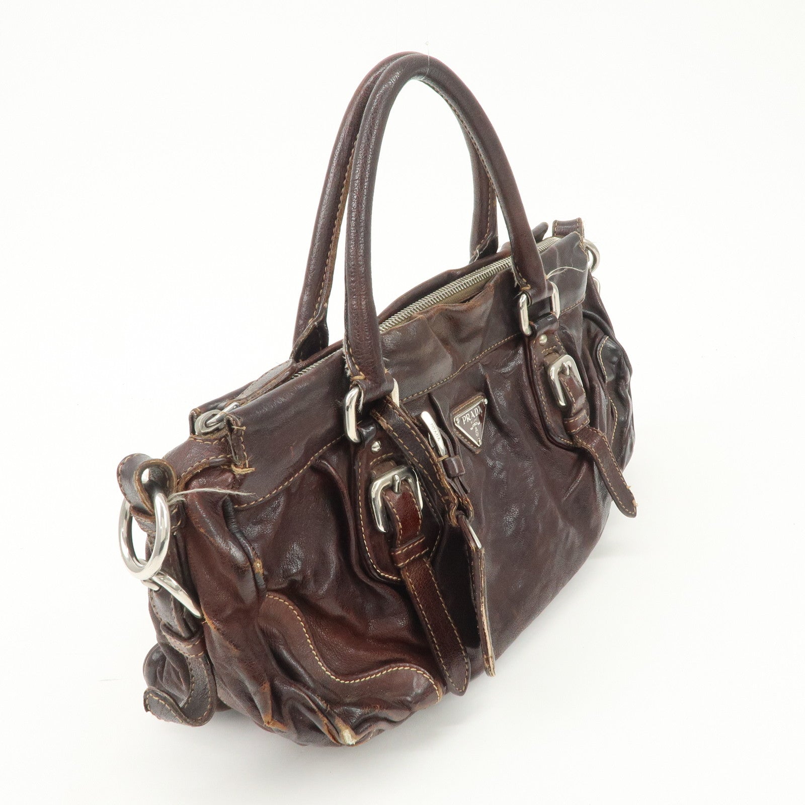 PRADA Triangle Logo Leather 2Way Bag Hand Bag Dark Brown BN1279 Used