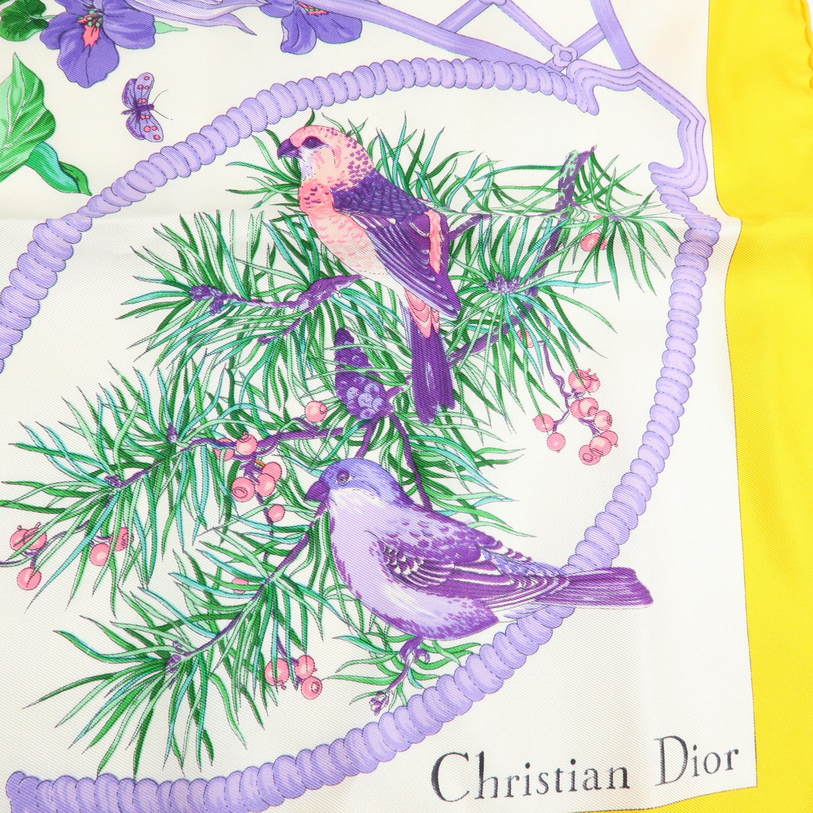 Christian Dior Silk 100% Scarf Botanical Pattern 87×87 White Yellow