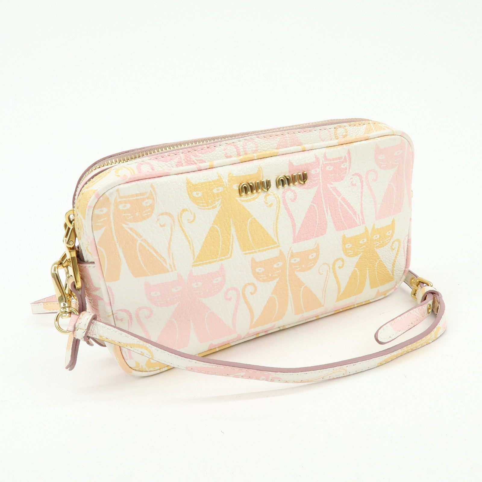 MIU MIU Cat Madras Leather Shoulder Bag Pink Orange White 5NF011