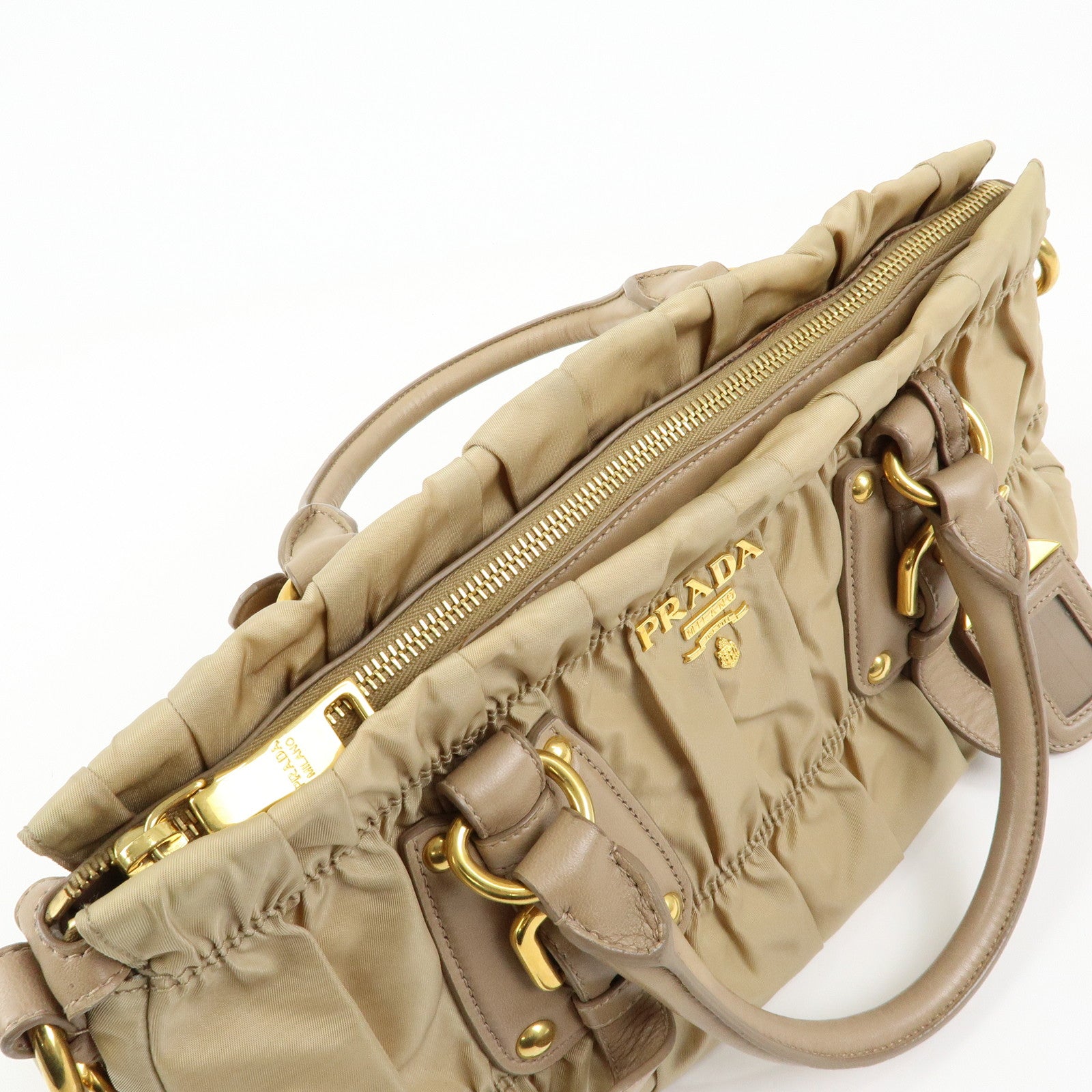 PRADA Gathered Nylon Leather 2Way Hand Shoulder Bag Beige BN1407