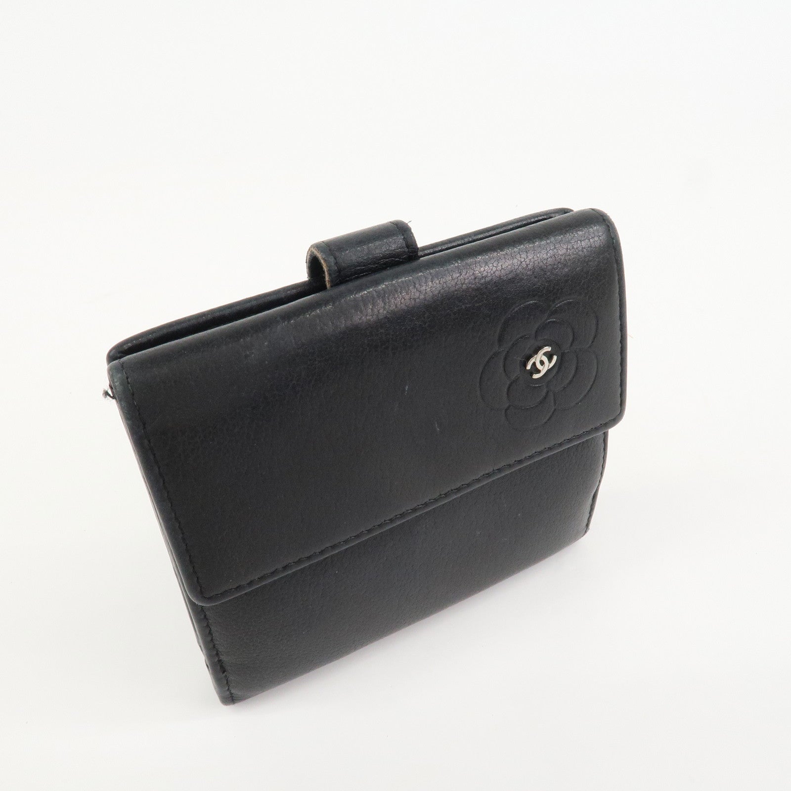 CHANEL COCO Mark Camelia Leather Bi-fold Compact Wallet Black