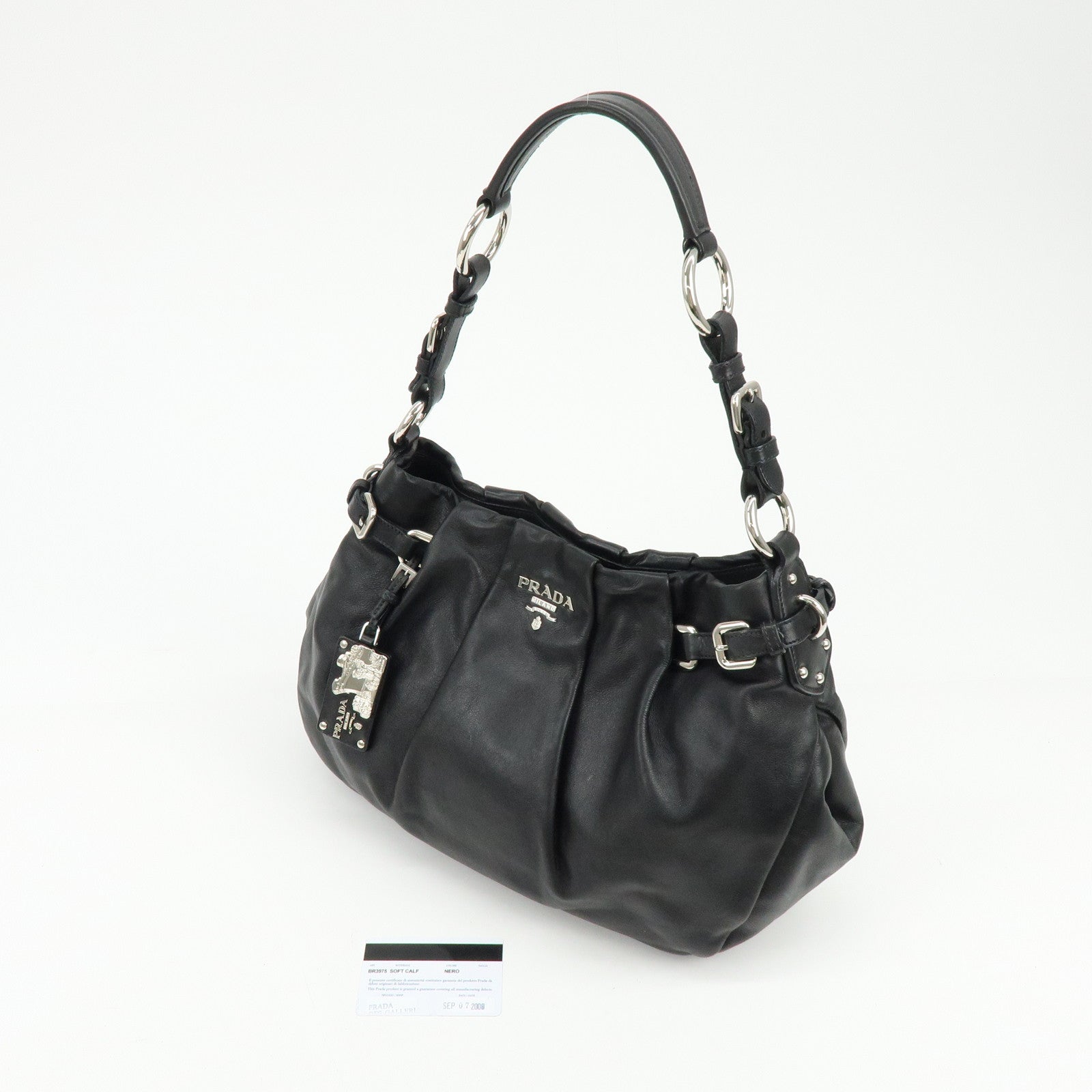 PRADA Logo Soft Calf Leather Side Belted Shoulder Bag Black BR3975