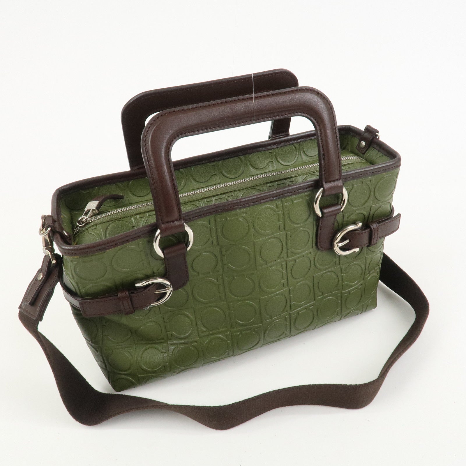 Ferragamo Gancini Embossed Leather 2Way Hand Shoulder Bag Green