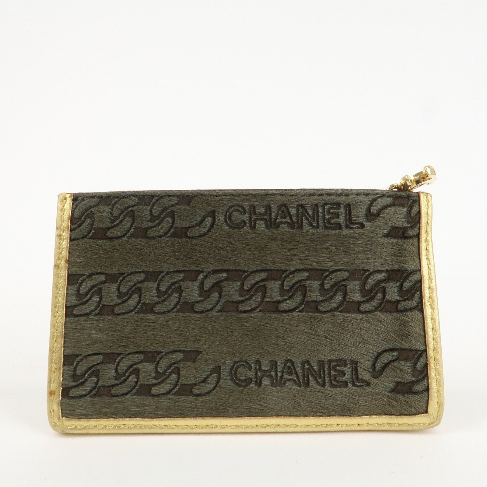 CHANEL Leather Unborn Calf Coin Case Gold Khaki Used