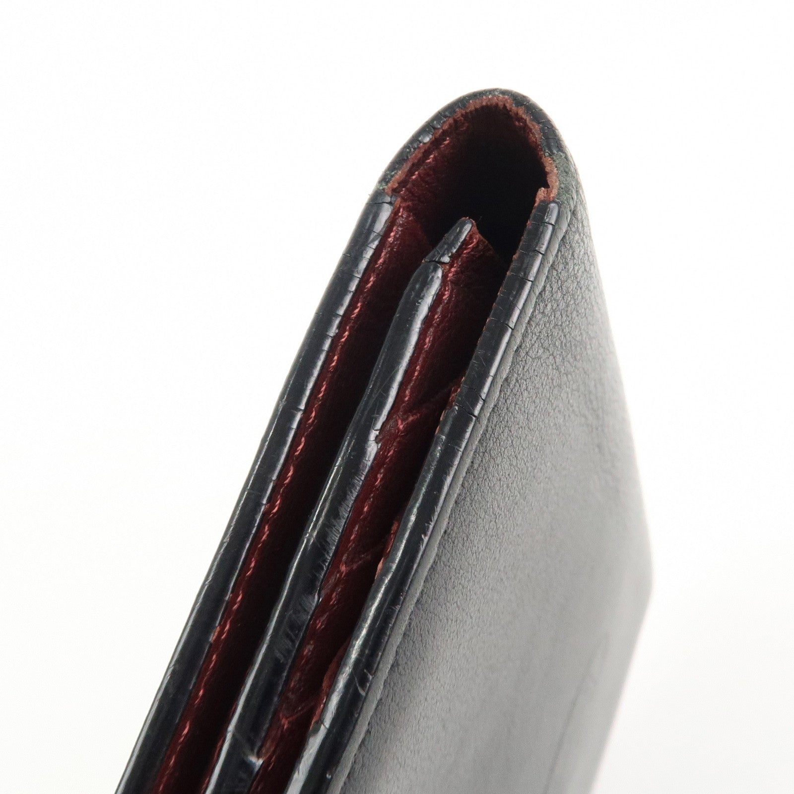 Cartier Leather Bi-fold Long Wallet Silver HDW Black Bordeaux Used