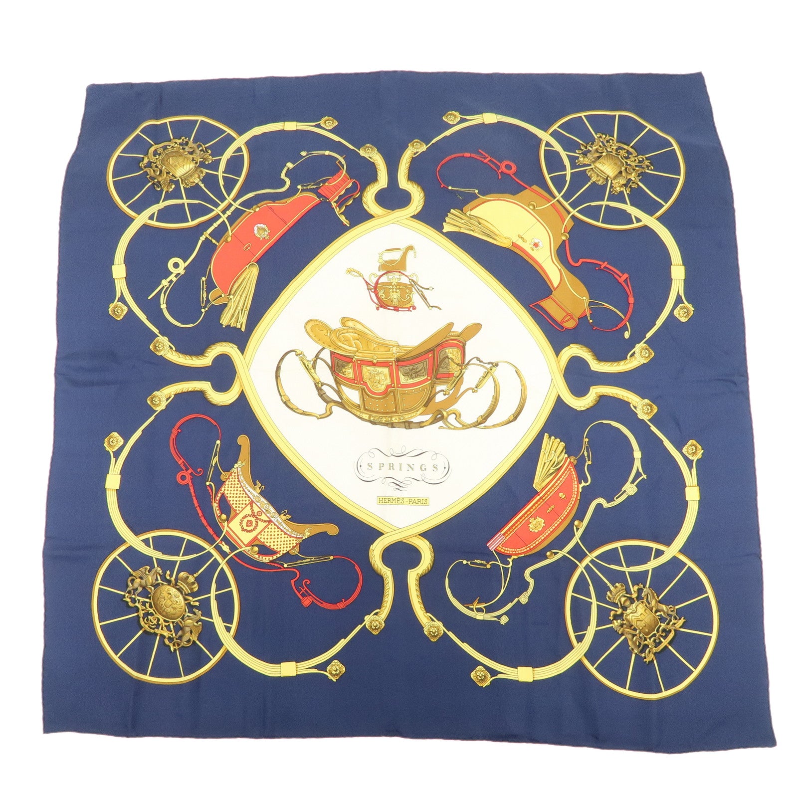 HERMES Carre 90 Silk 100% Scarf SPRINGS Navy