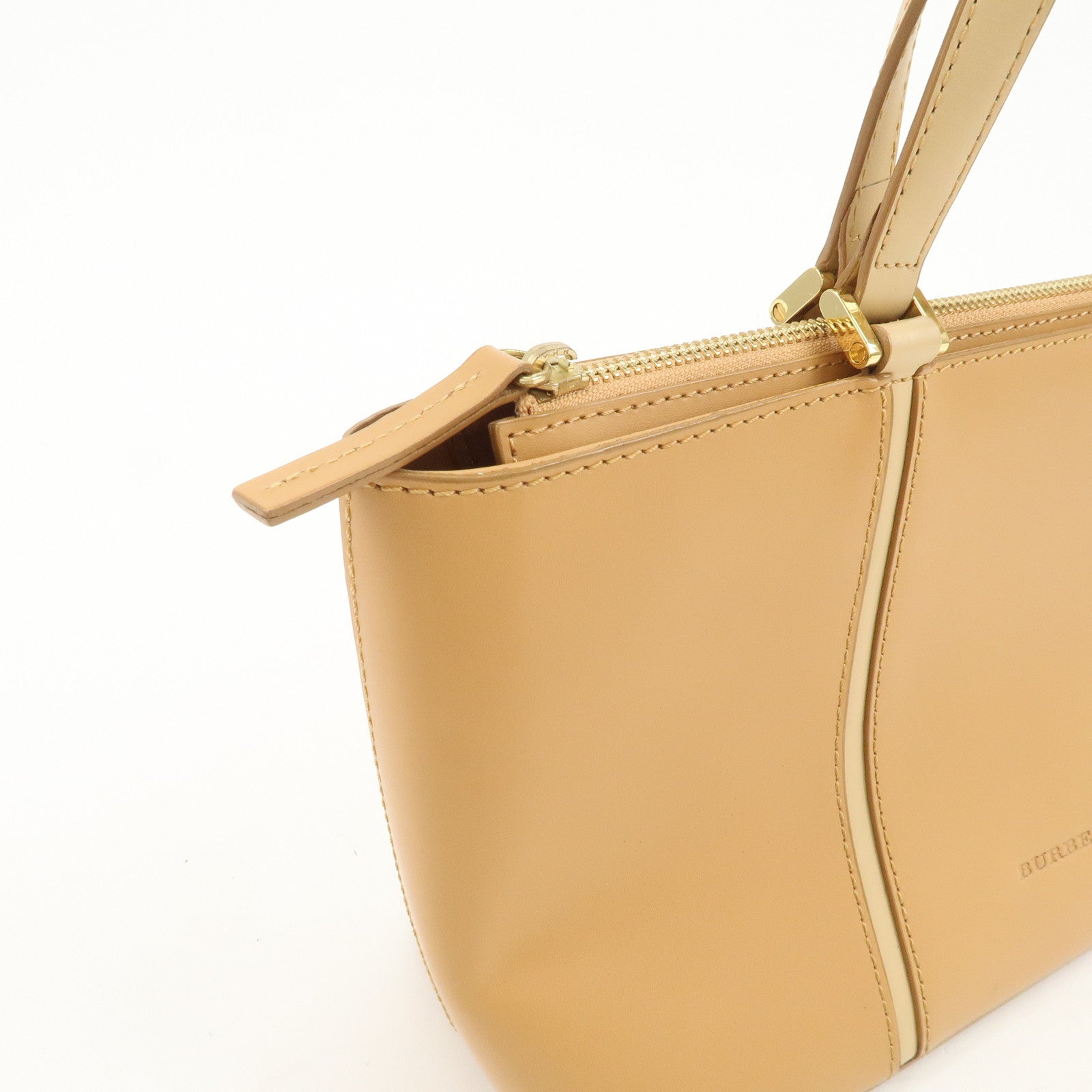 BURBERRY Nova Plaid Logo Leather Hand Bag Light Brown