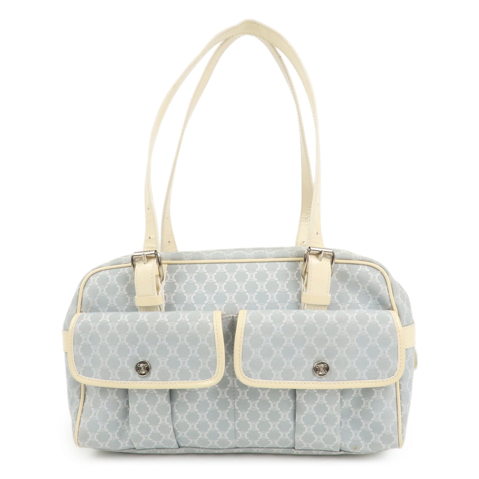 CELINE Macadam Canvas Leather Shoulder Bag Hand Bag Blue Ivory