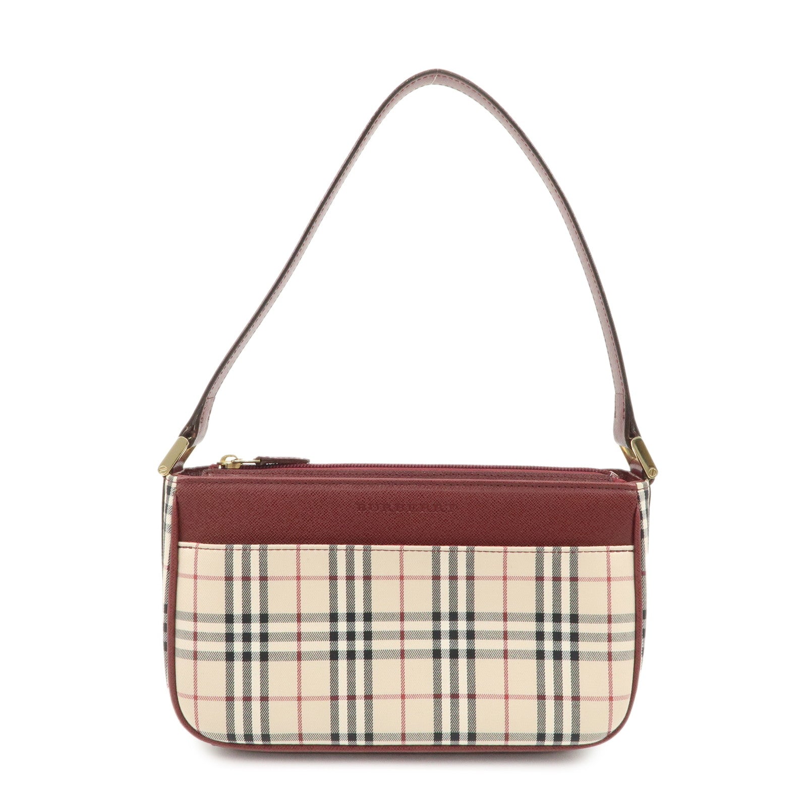 BURBERRY Leather Canvas Shoulder Bag Hand Bag Nova Plaid Bordeaux Used