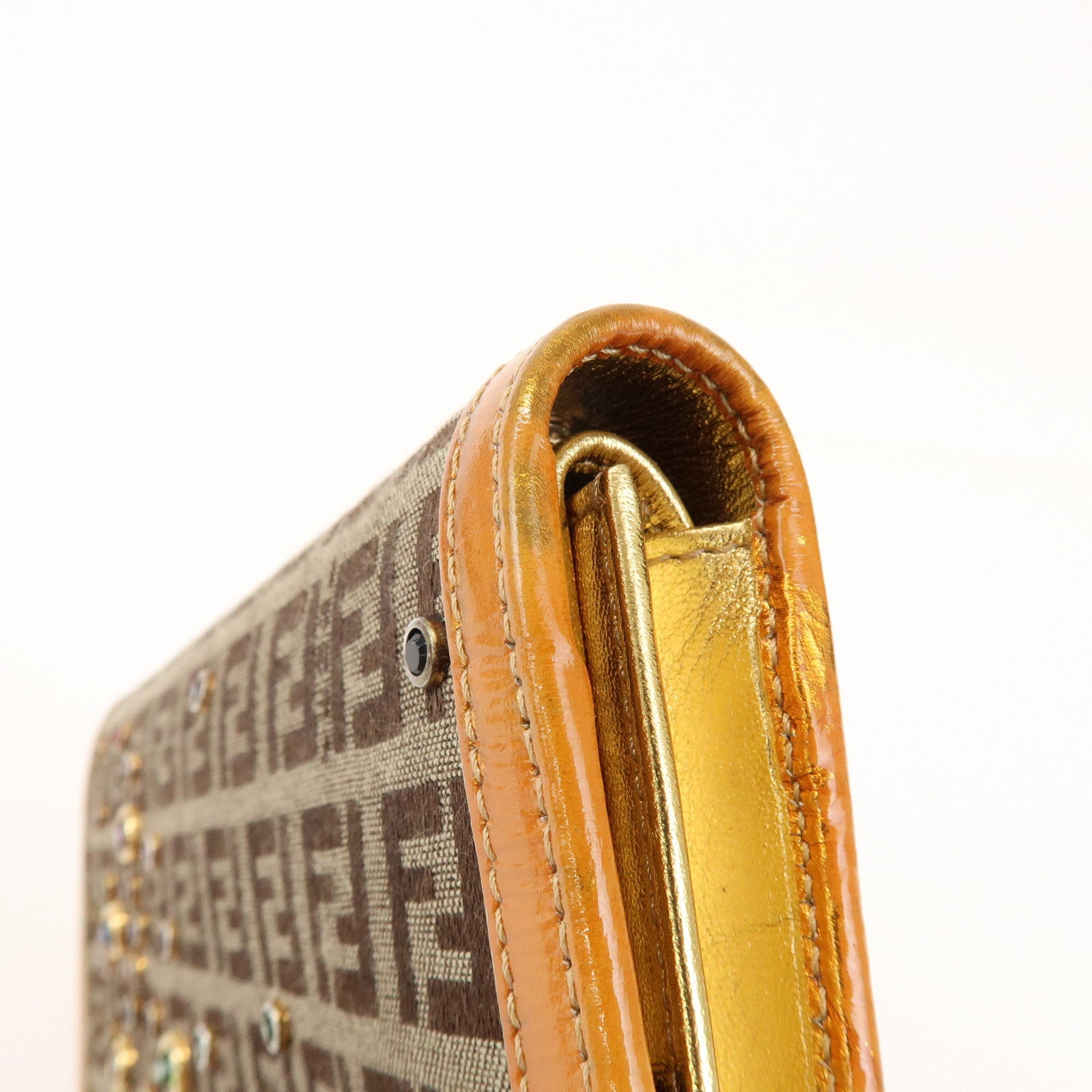 FENDI Zucchino Canvas Leather Chain Long Wallet Brown Gold 8M0219