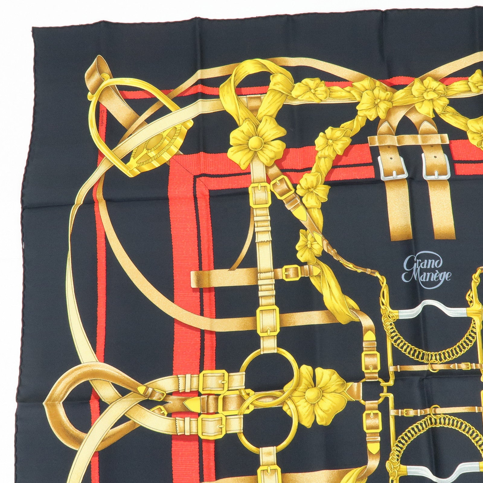 HERMES Carre 90 Silk 100% Scarf Grand Manege Black Gold Red