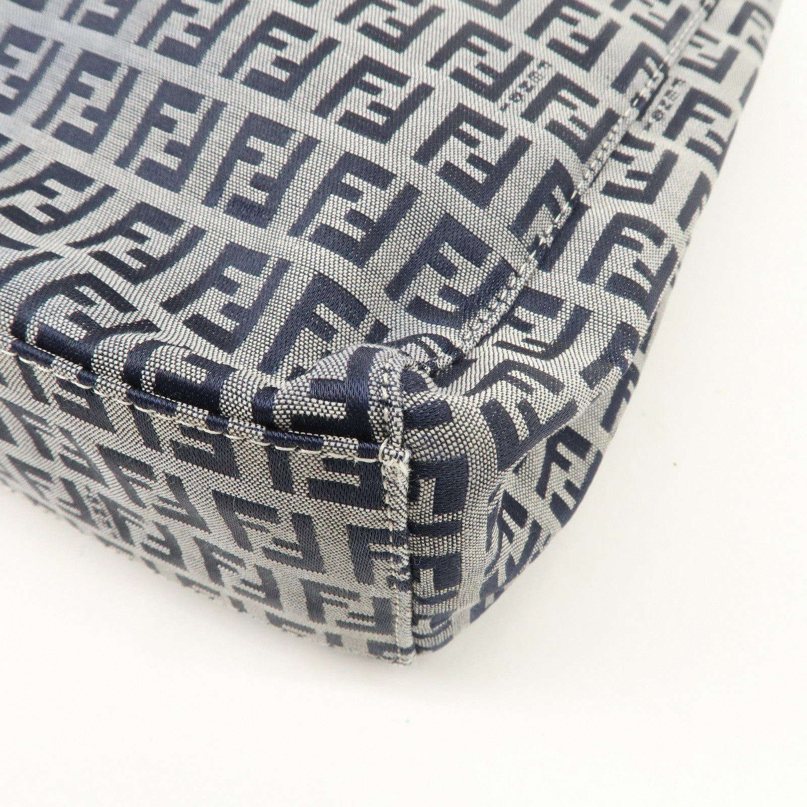 FENDI Zucchino Canvas Leather Tote Bag Hand Bag White Navy 8BH019 Used