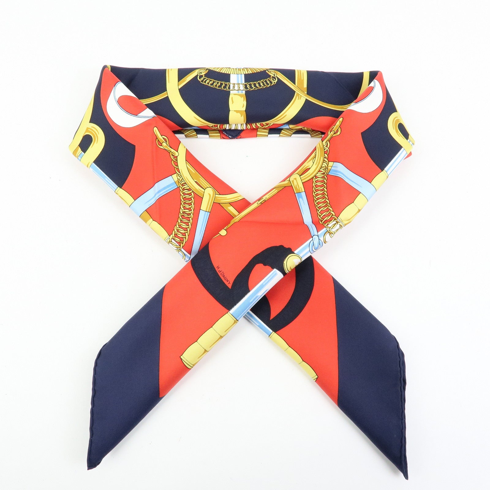 HERMES Carre 90 Silk 100% Scarf Eperon d'or Navy Red Gold