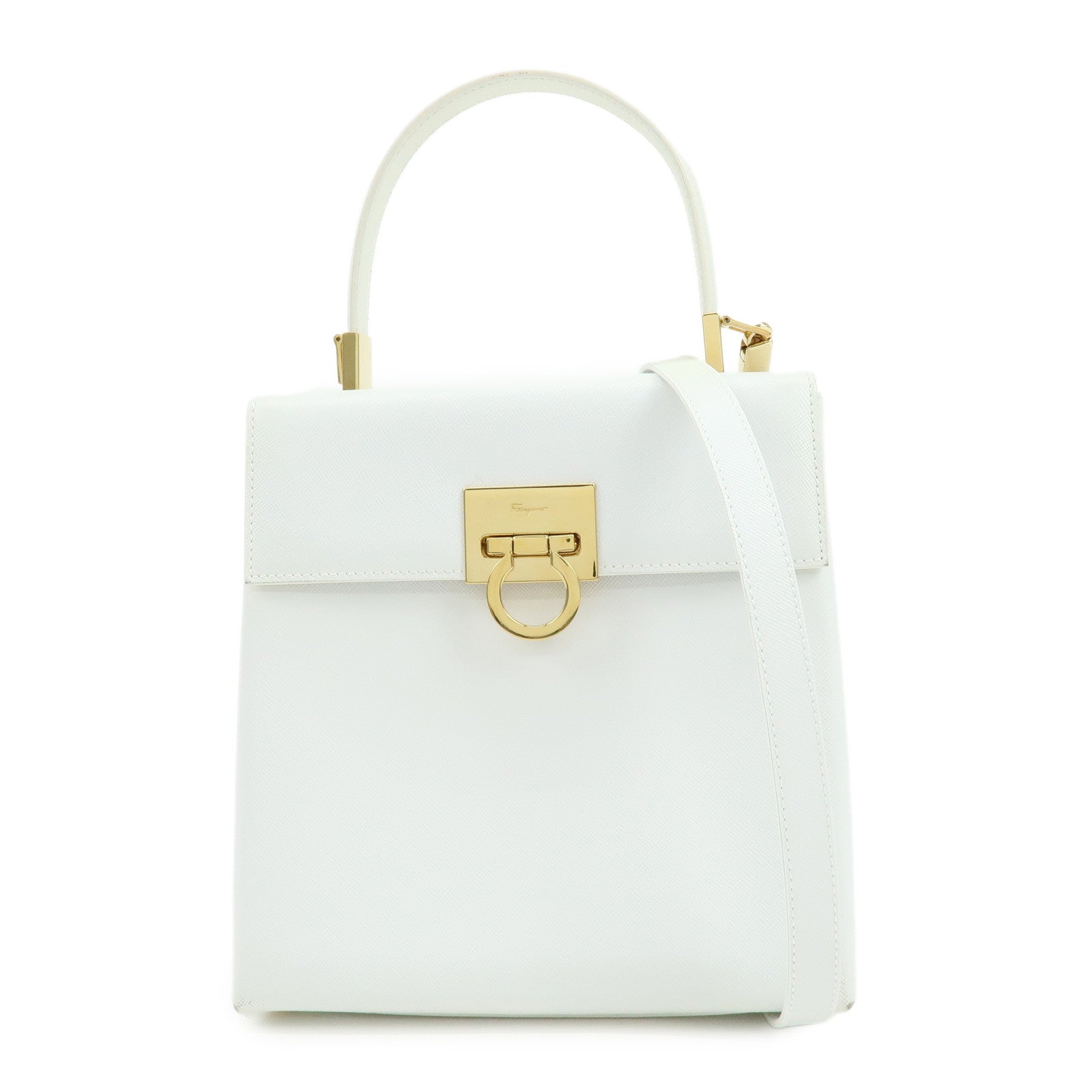 Ferragamo Gancini Leather 2Way Bag Hand Bag Shoulder Bag White