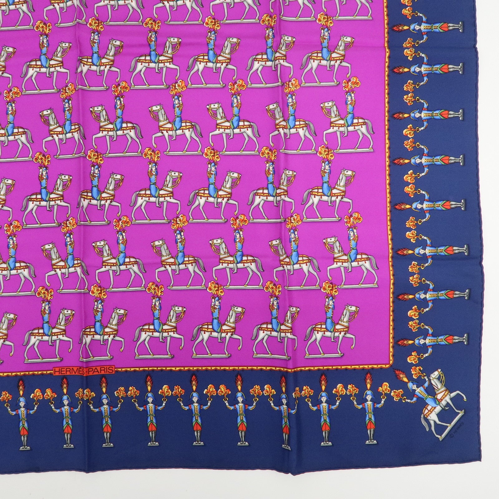 HERMES Carre 90 Silk 100% Scarf Les Artificiers Navy Purple