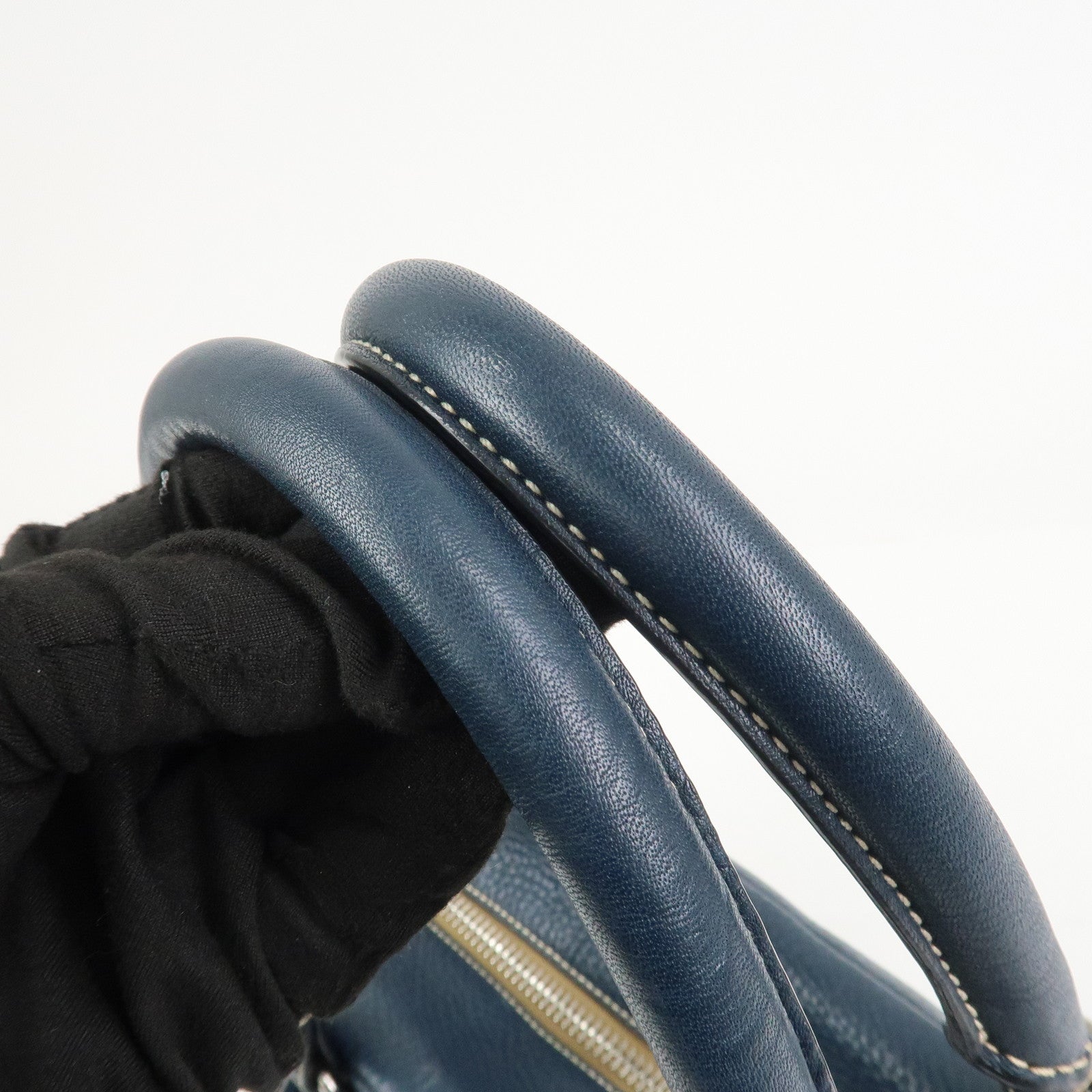 PRADA Logo Leather Boston Bag Hand Bag Navy BR3091