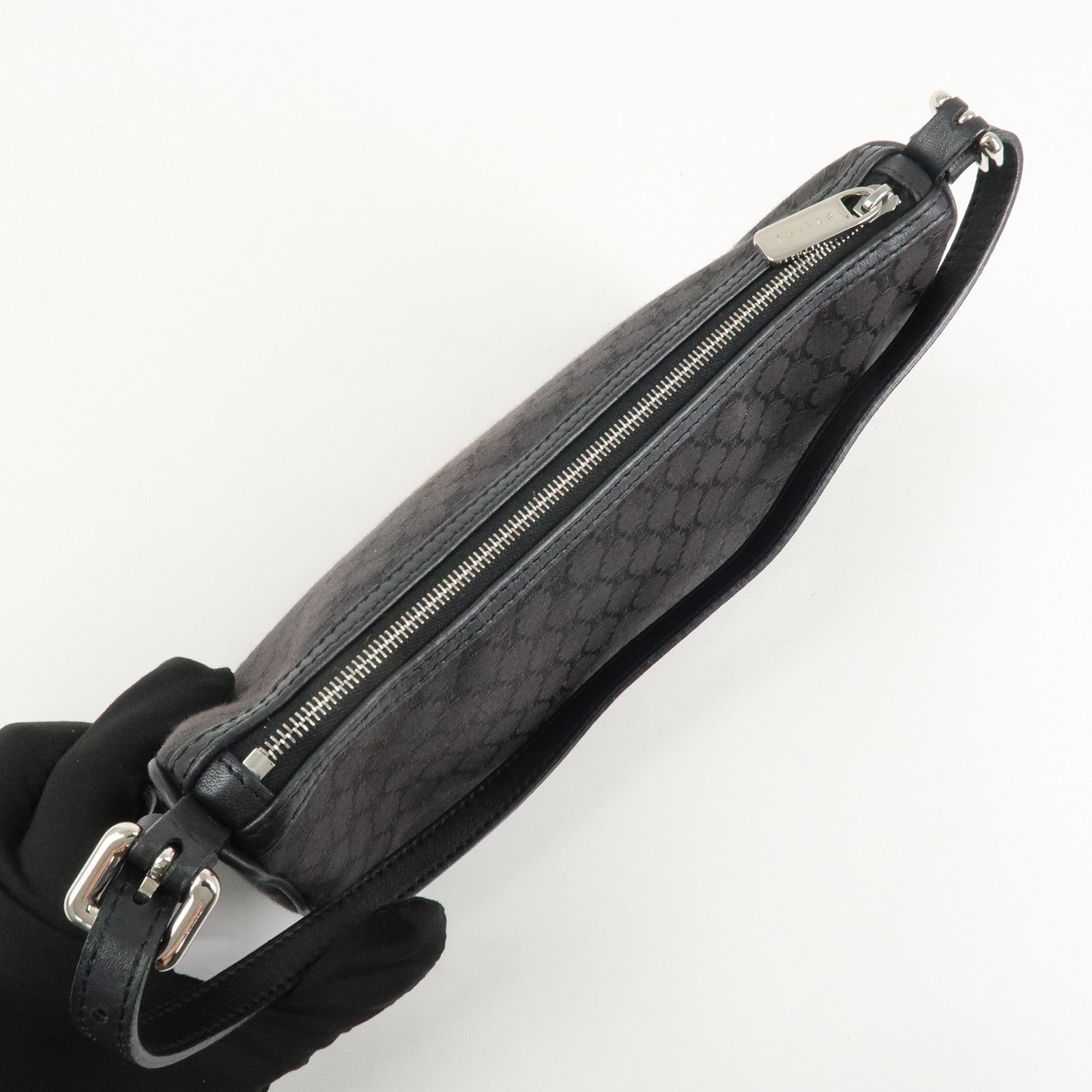 CELINE Macadam Canvas Leather Accessory Pouch Silver HDW Black Used