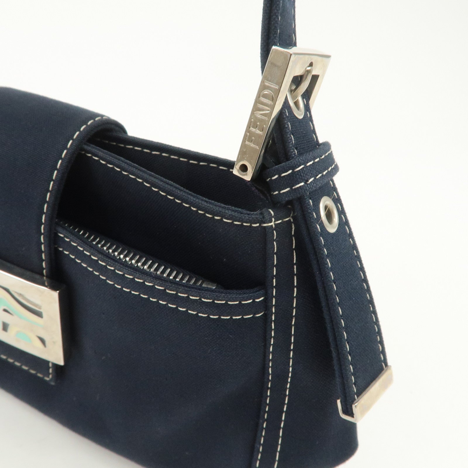 FENDI Logo Canvas Shoulder Bag Hand Bag Dark Navy