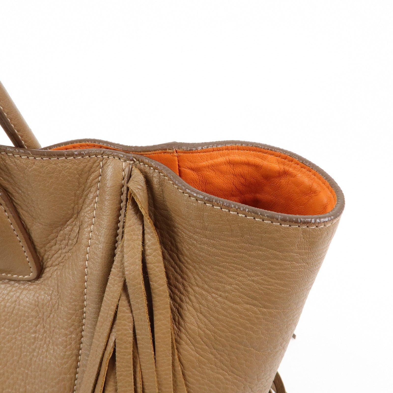 PRADA Leather Fringe Tote Bag Hand Bag Camel Orange