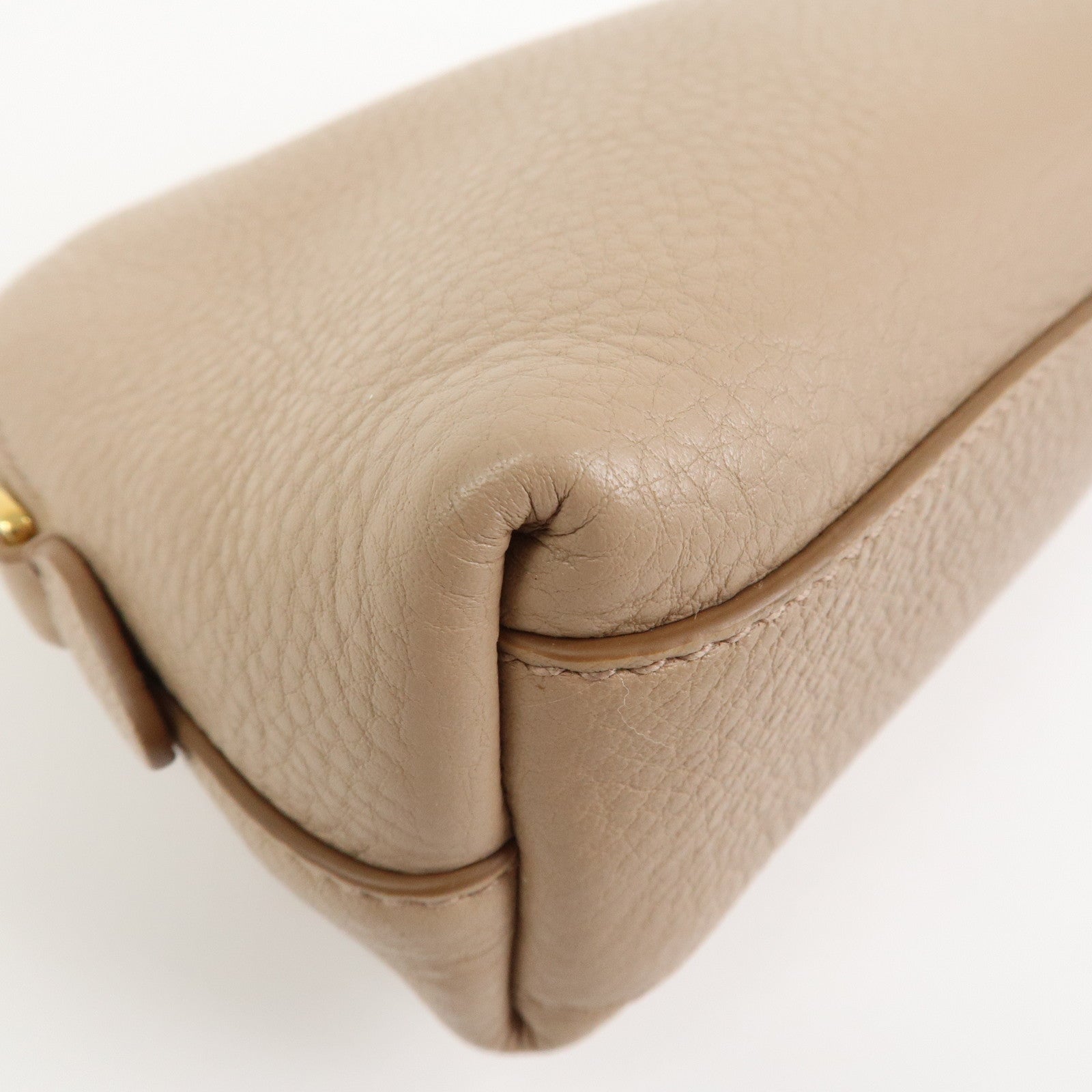 PRADA Logo Leather Cosmetic Pouch Clutch Beige 1ND005