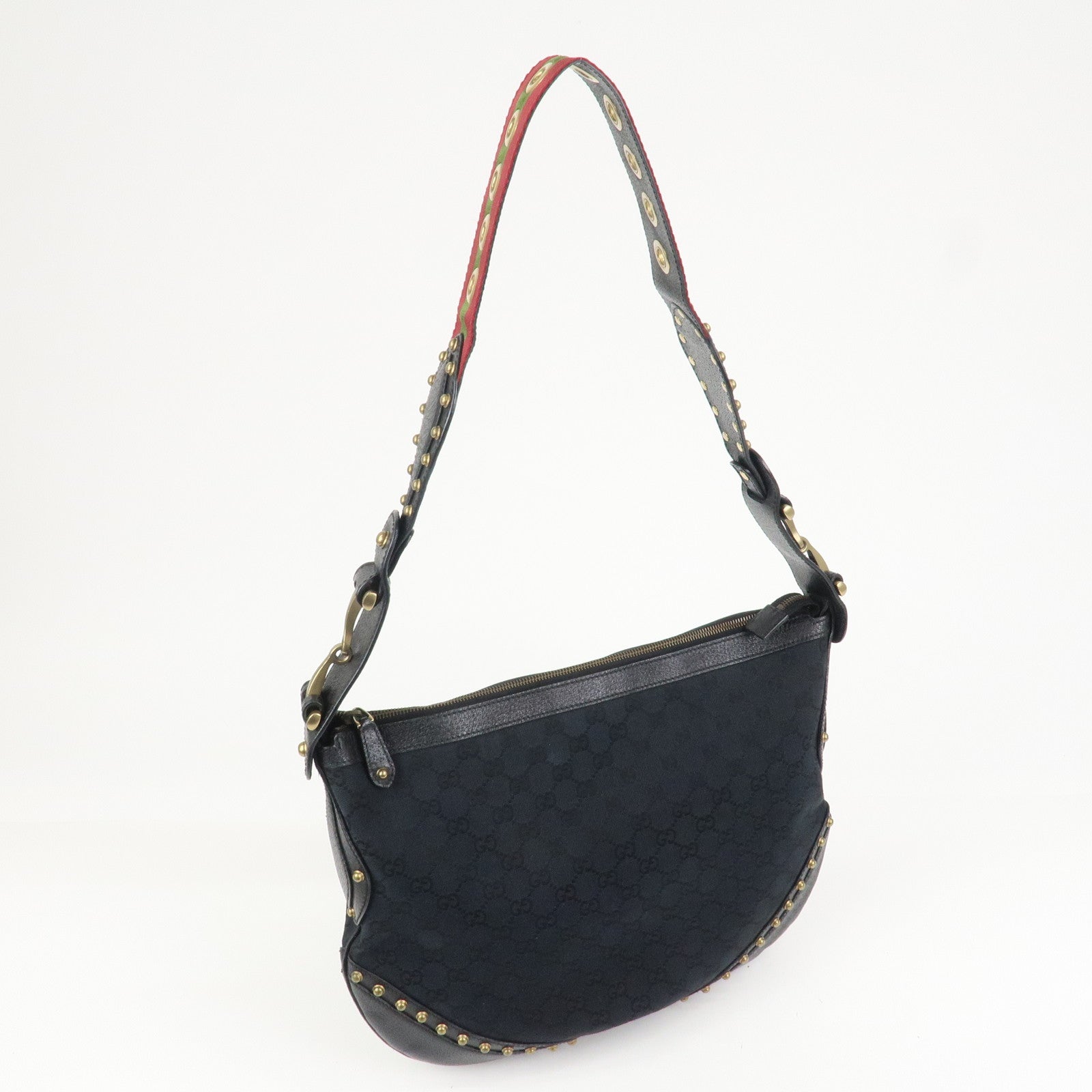 GUCCI Sherry GG Canvas Leather Studs Shoulder Bag Black 144011