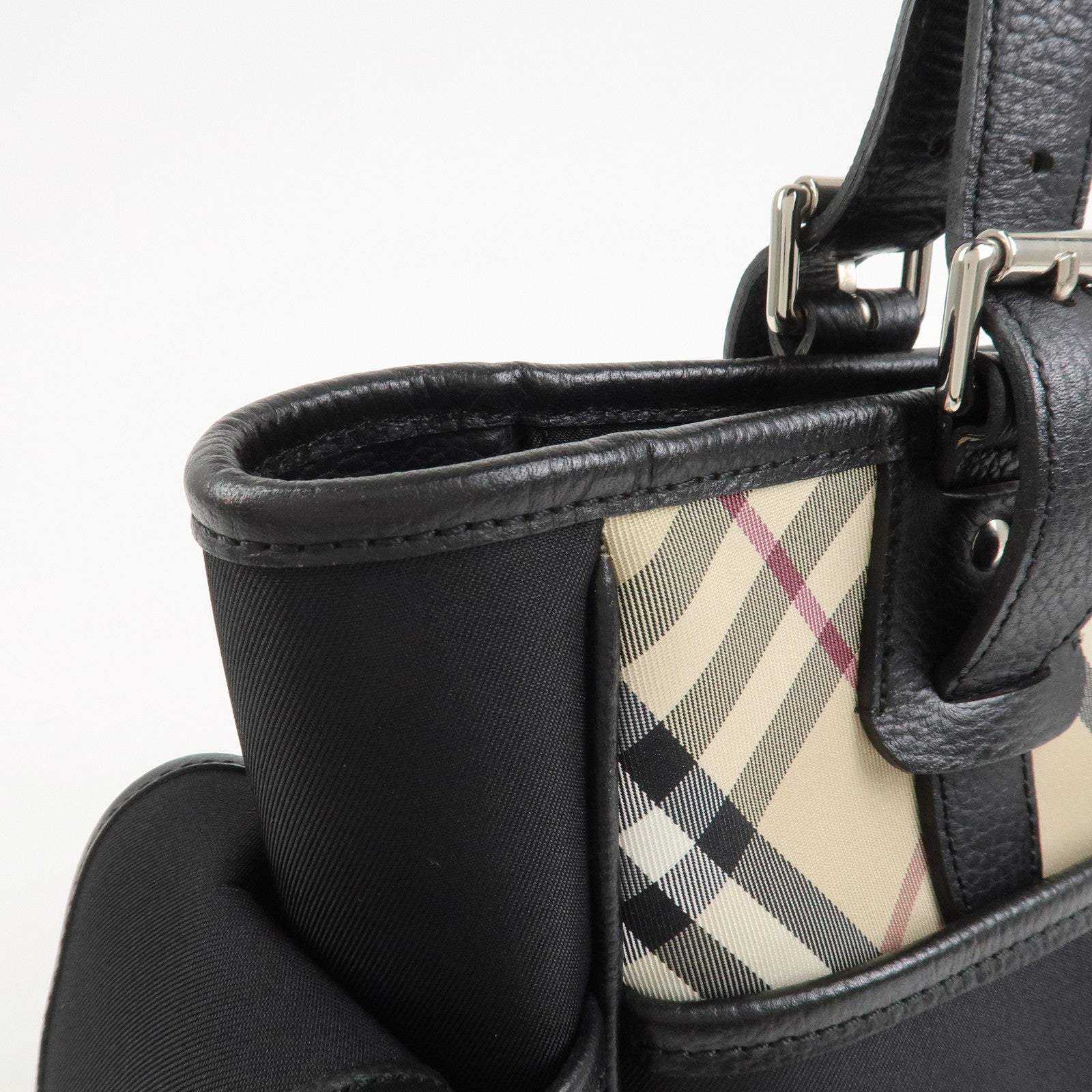 BURBERRY Nova Plaid Nylon Leather Tote Bag Hand bag Black
