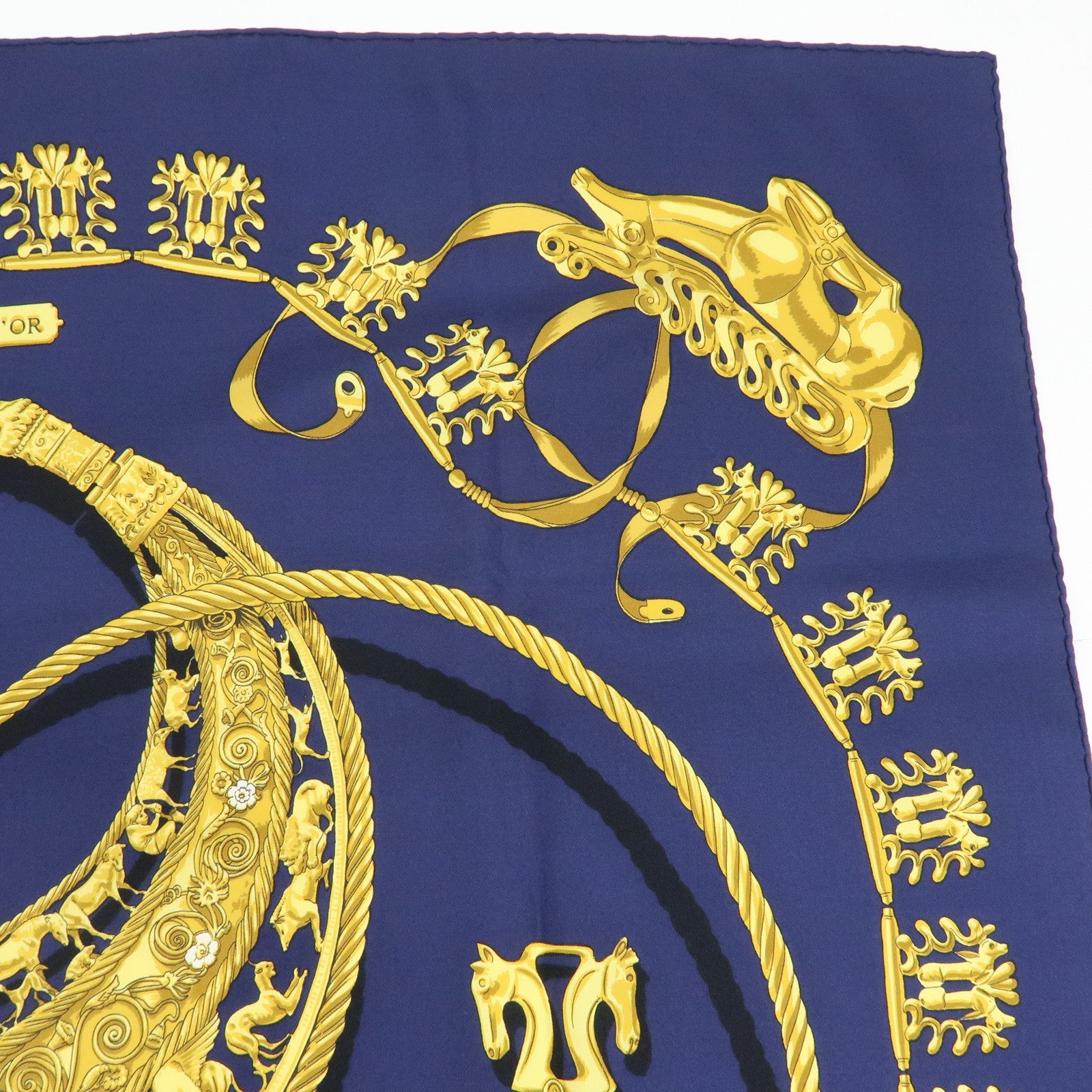 HERMES Carre 90 Silk 100% Scarf LES CAVALIERS D'OR Navy Yellow