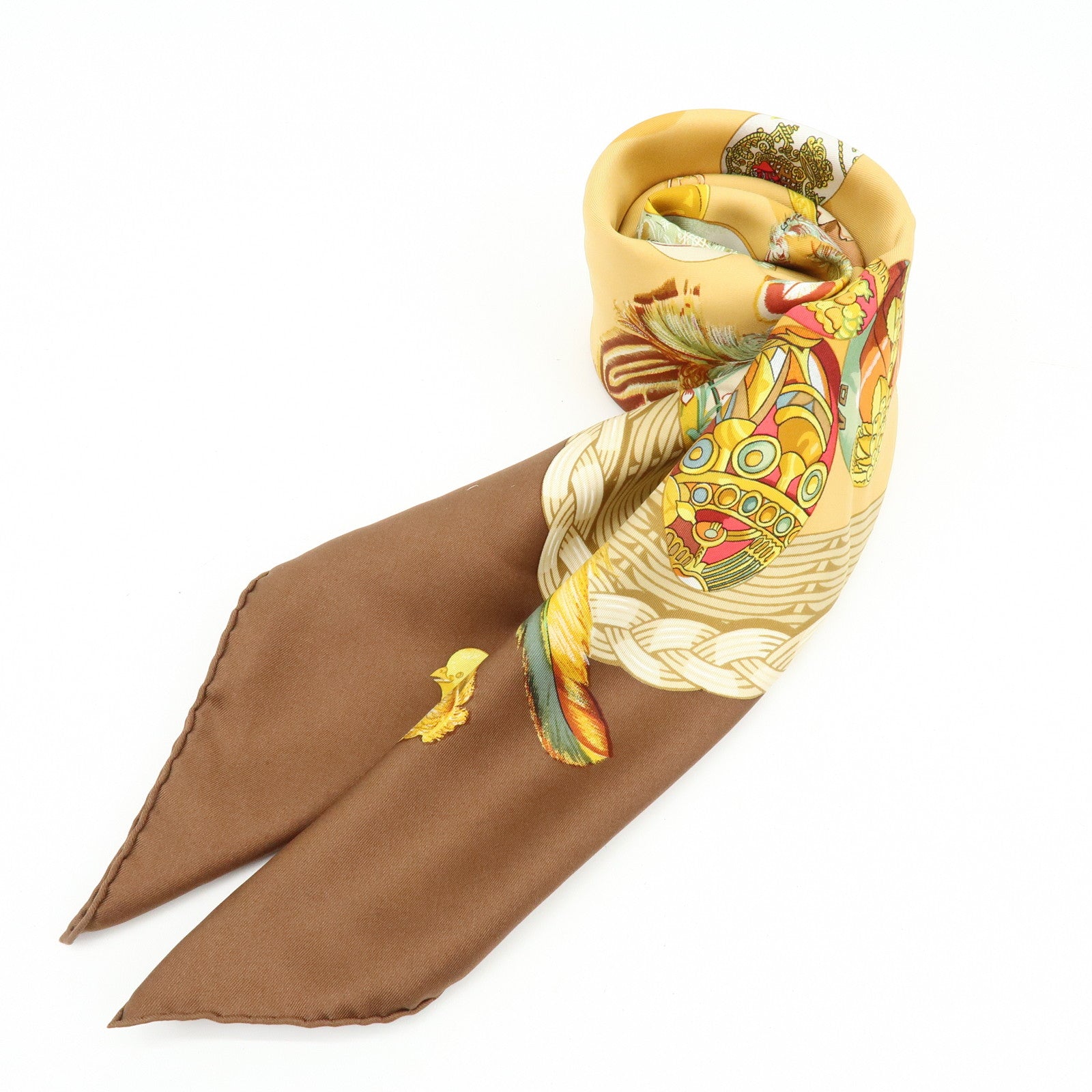 HERMES Carre 90 Silk 100% Scarf COUVEE D HERMES Brown Yellow