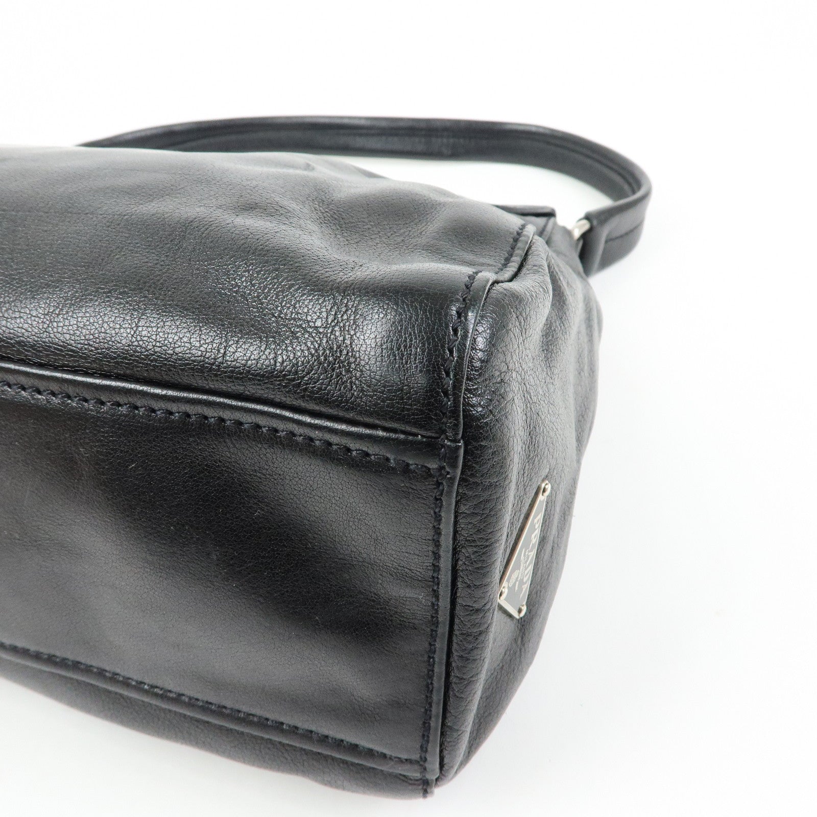PRADA Triangle Logo Leather Hand Bag Shoulder Bag Black