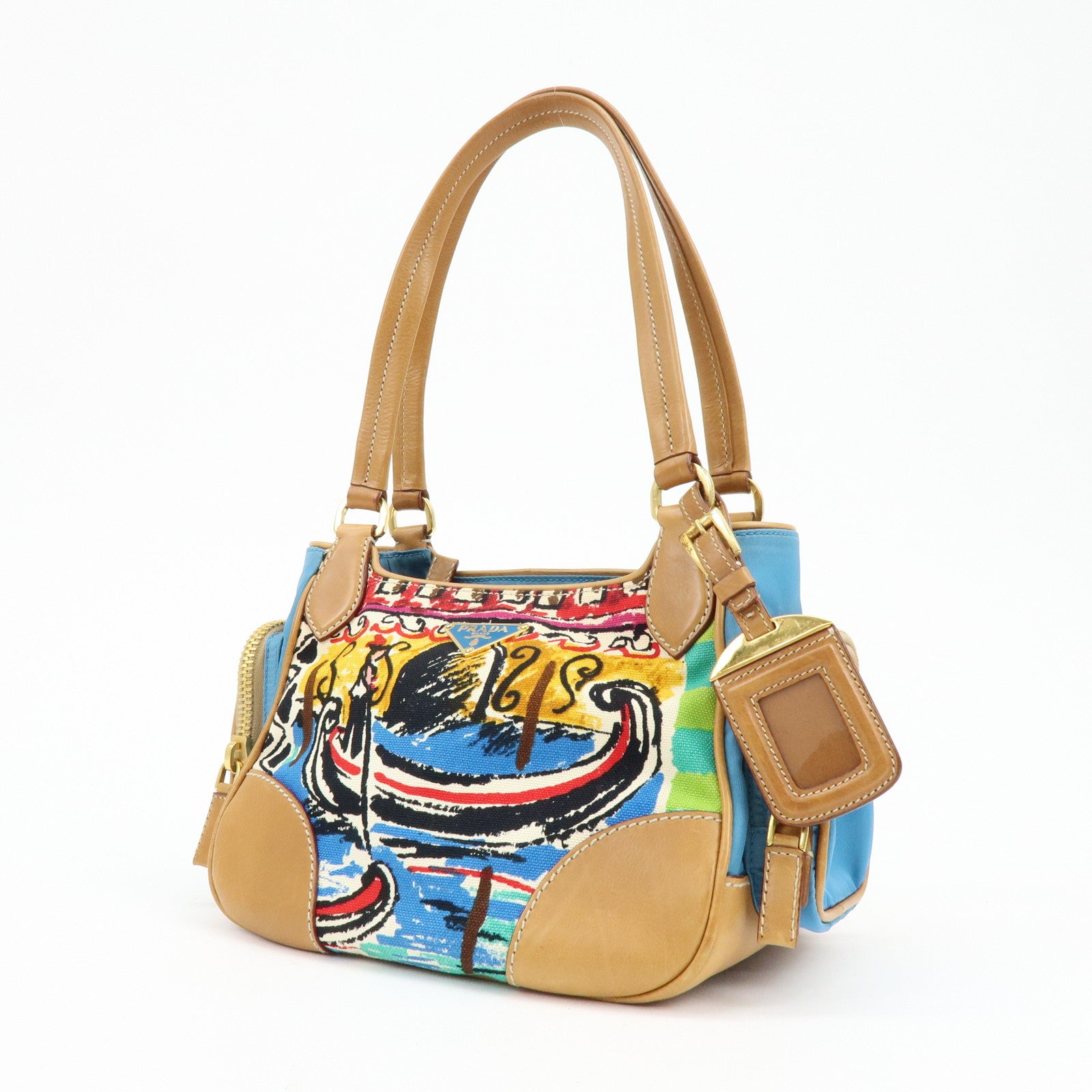 PRADA Triangle Logo Canvas Leather Hand Bag Light Brown Blue