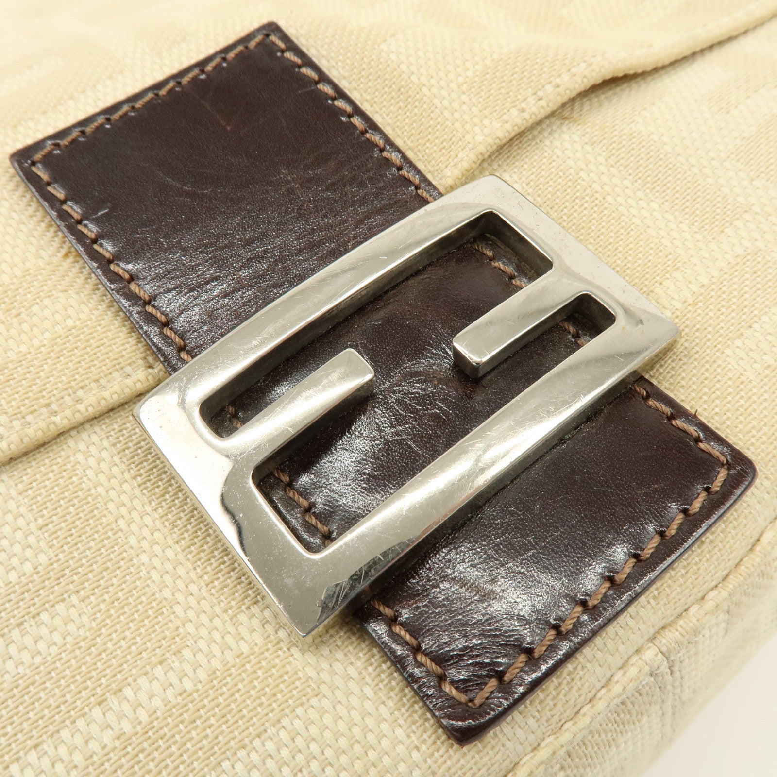 FENDI Mamma Baguette Zucca Canvas Leather Shoulder Bag Ivory 26325