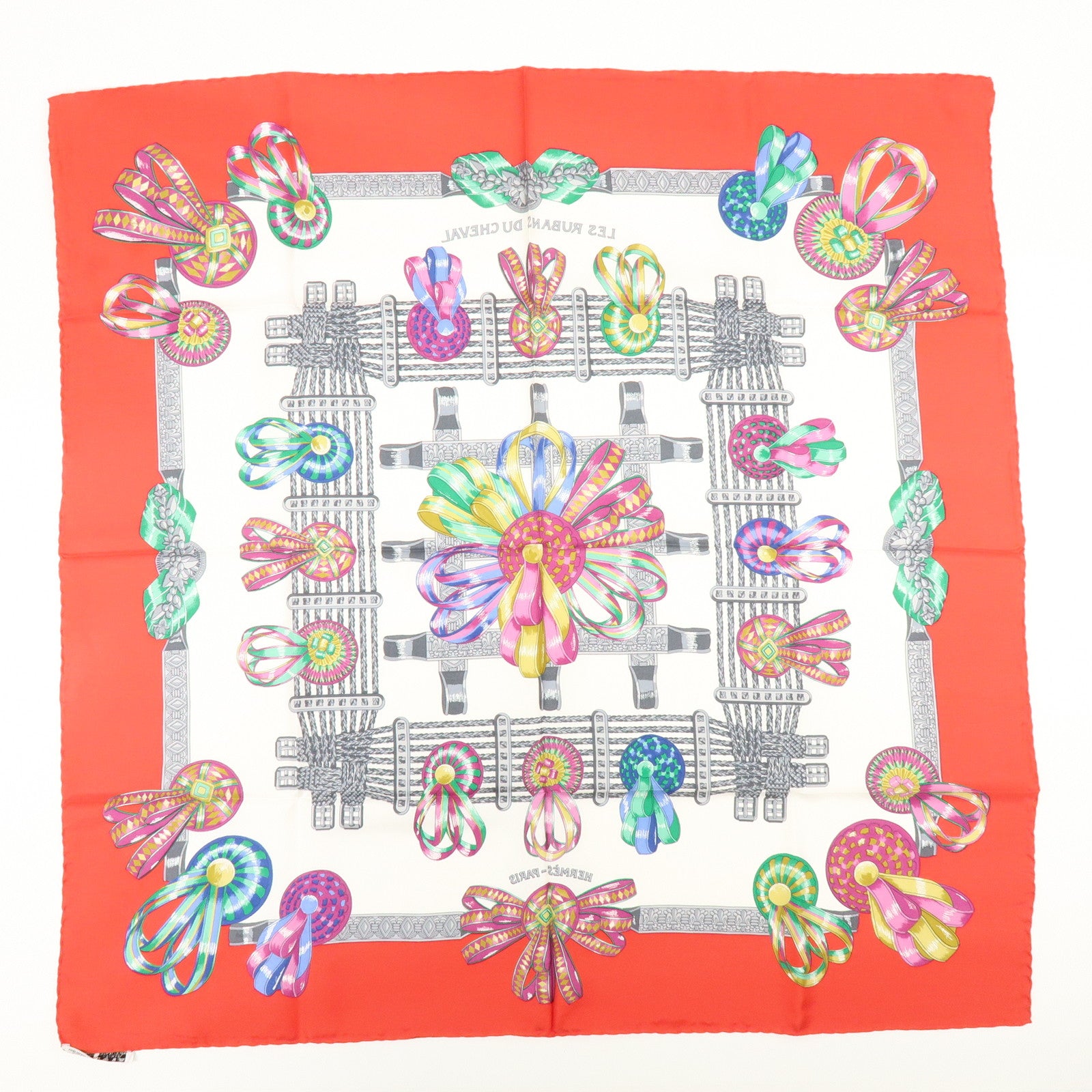 HERMES Carre 90 Silk 100% LES RUBANS DU CHEVAL Scarf White Red