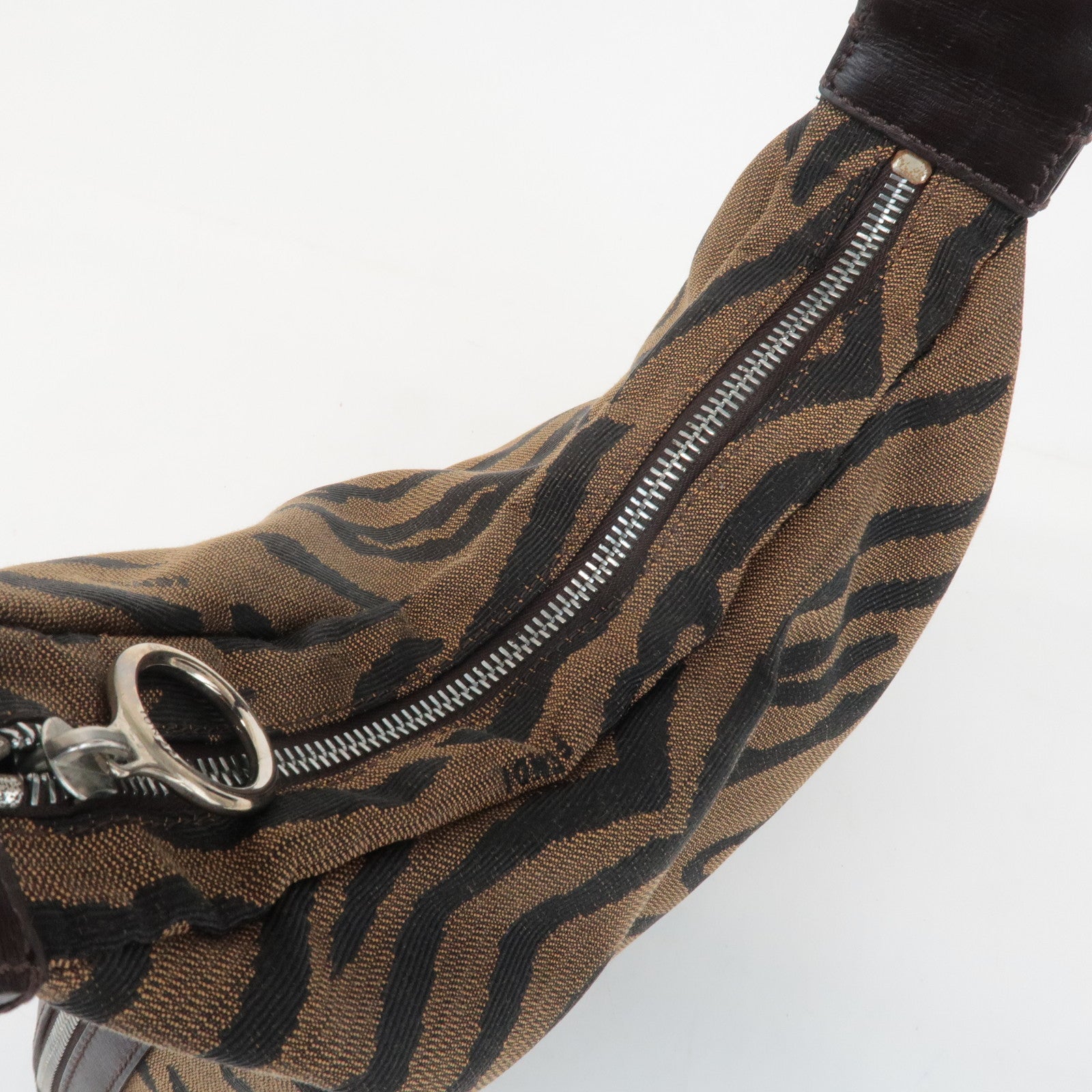 FENDI Zebra Leather Canvas Shoulder Bag Hand Bag Black Brown Used
