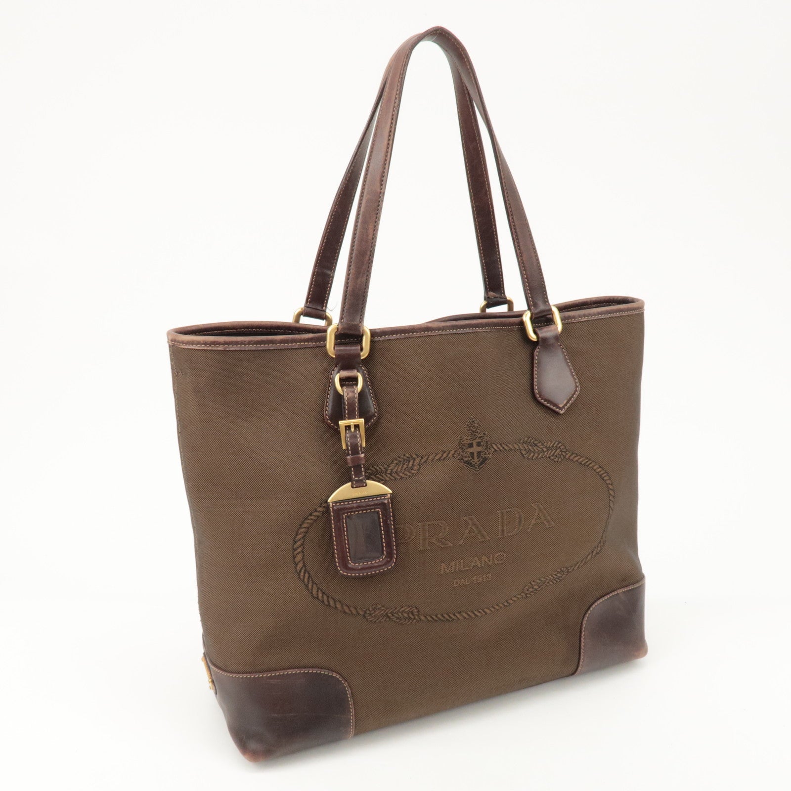 PRADA Triangle Logo Jacquard Leather 2Way Bag Tote Bag Brown Used