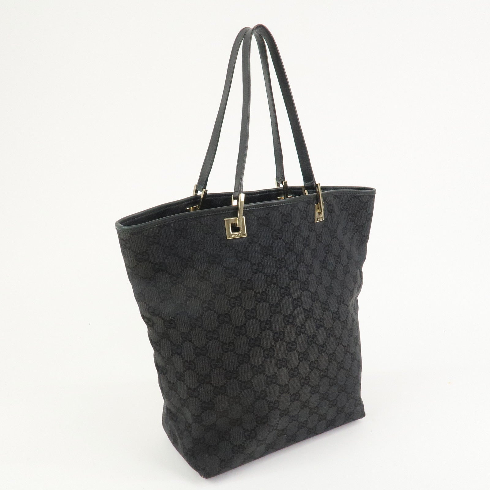 GUCCI GG Canvas Leather Tote Bag Hand Bag Black 002・1098