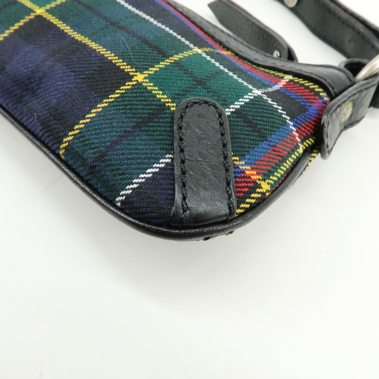 BURBERRY Canvas Leather Plaid Shoulder Bag Black Green