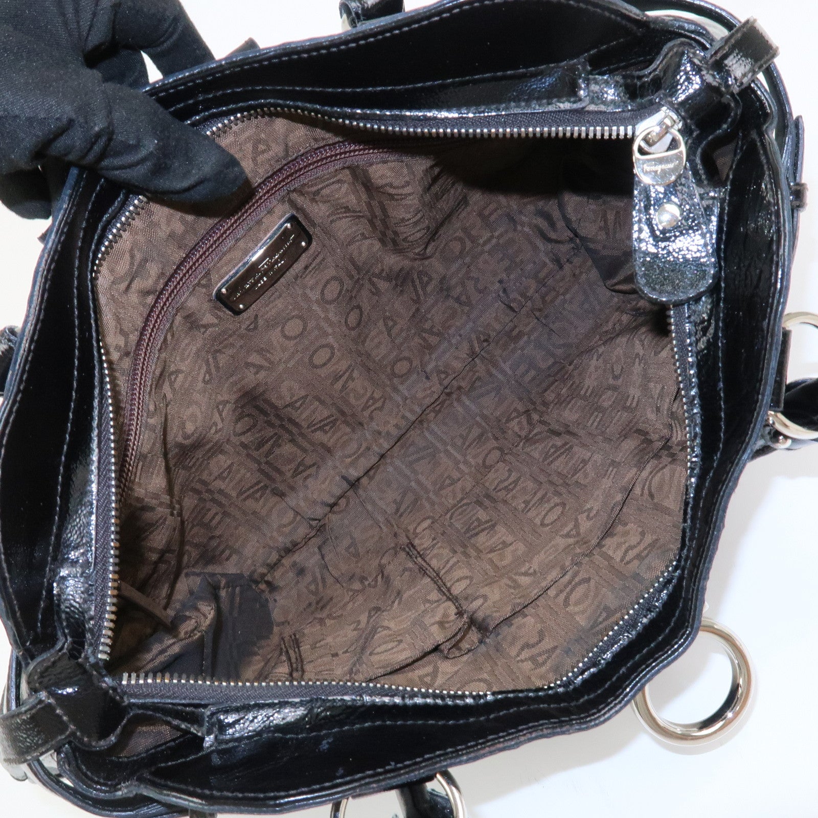 Ferragamo Gancini Patent Leather Hand Bag Shoulder Bag Black