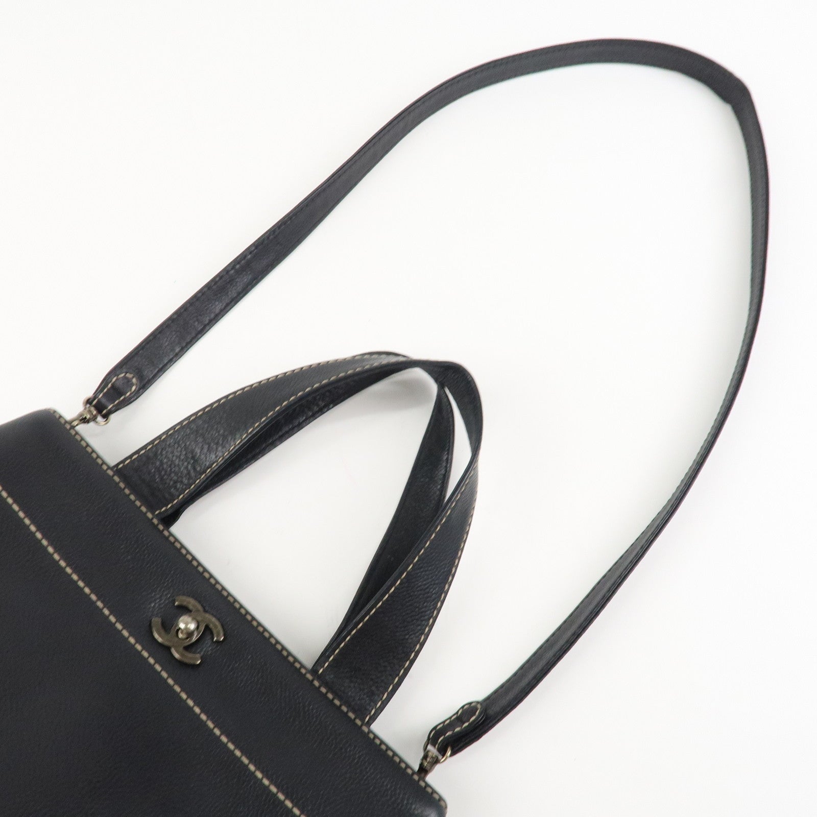 CHANEL Caviarskin COCO Mark Turn Lock 2Way Hand Bag Black Used